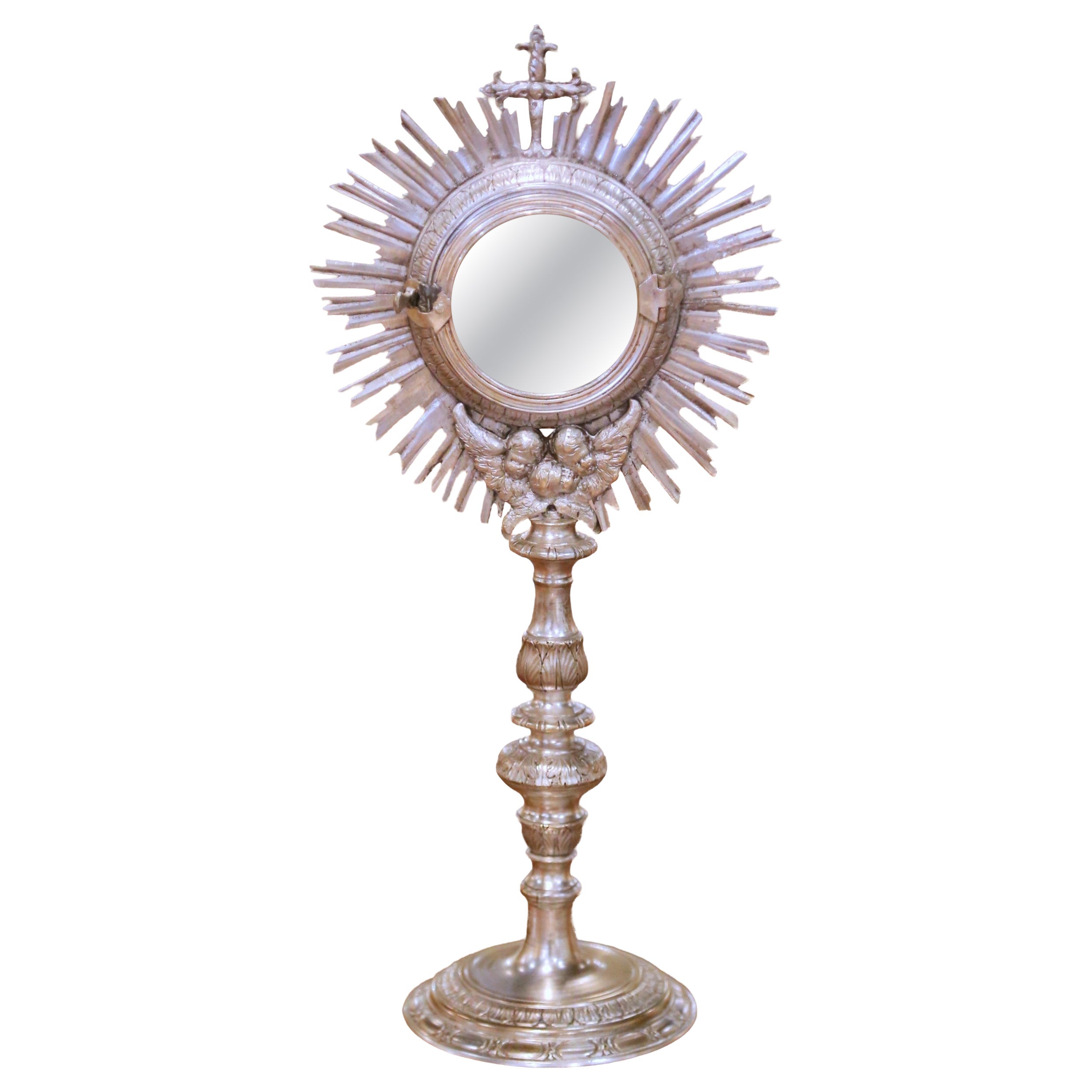 Ostensorio cattolico in bronzo argentato del 19° secolo con raggi di sole