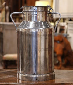 19th Century French Silvered Metal Milk Container with Chained Lid