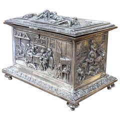 19th Century French Silvered Repoussé Jewelry Casket with Figural Scenes