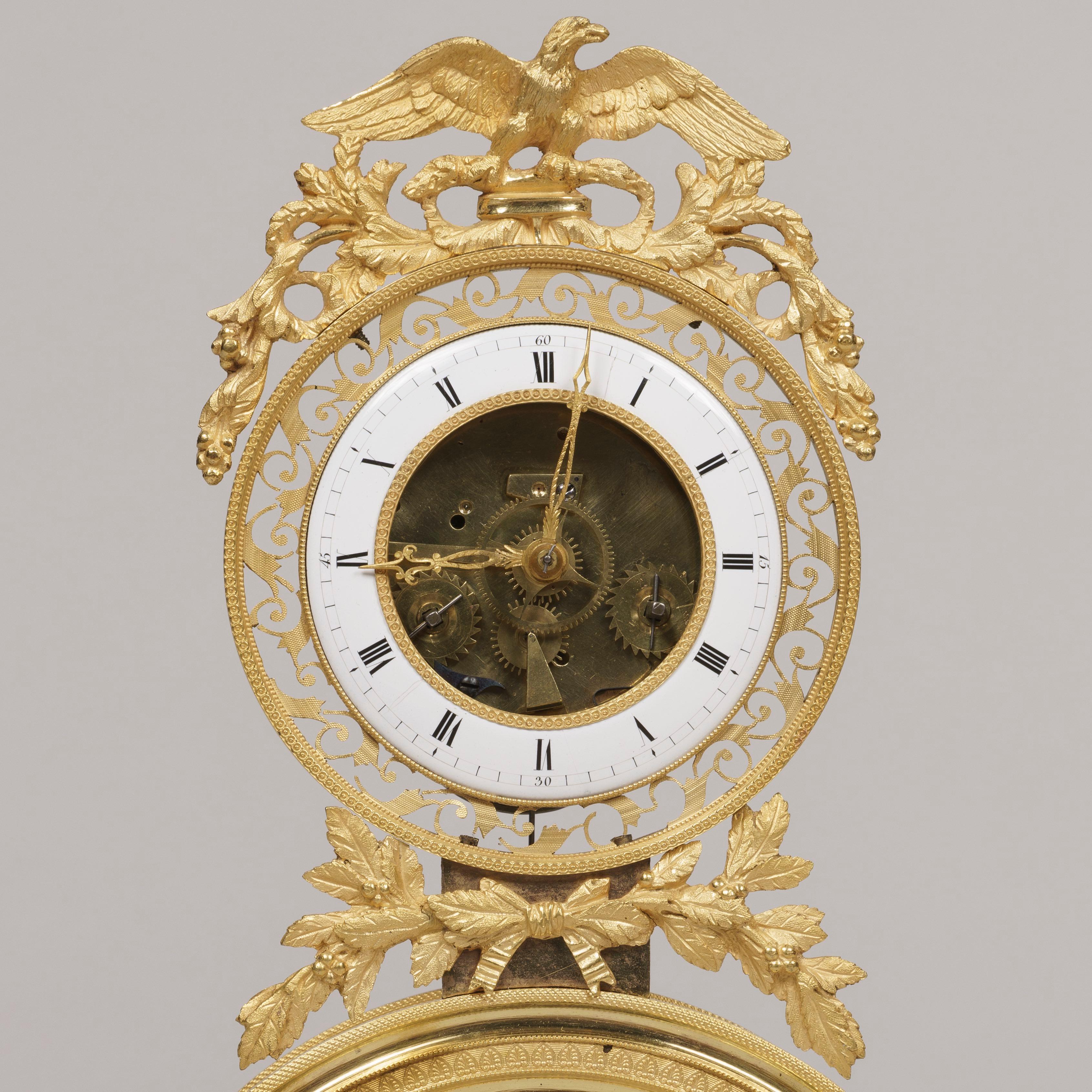 Gilt 19th Century French Skeleton Clock of Ormolu and Marble from Directoire Period For Sale