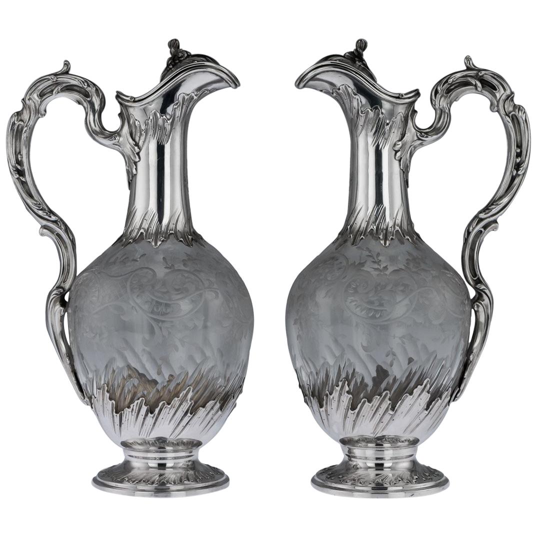 19th Century French Solid Silver and Glass Pair of Claret Jugs, circa 1890