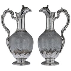 19th Century French Solid Silver and Glass Pair of Claret Jugs, circa 1890