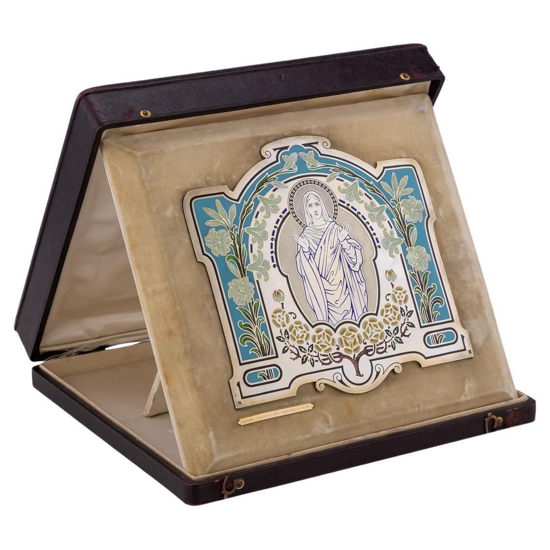 19th Century French Solid Silver & Enamel Icon of St Mary, circa 1890 For Sale