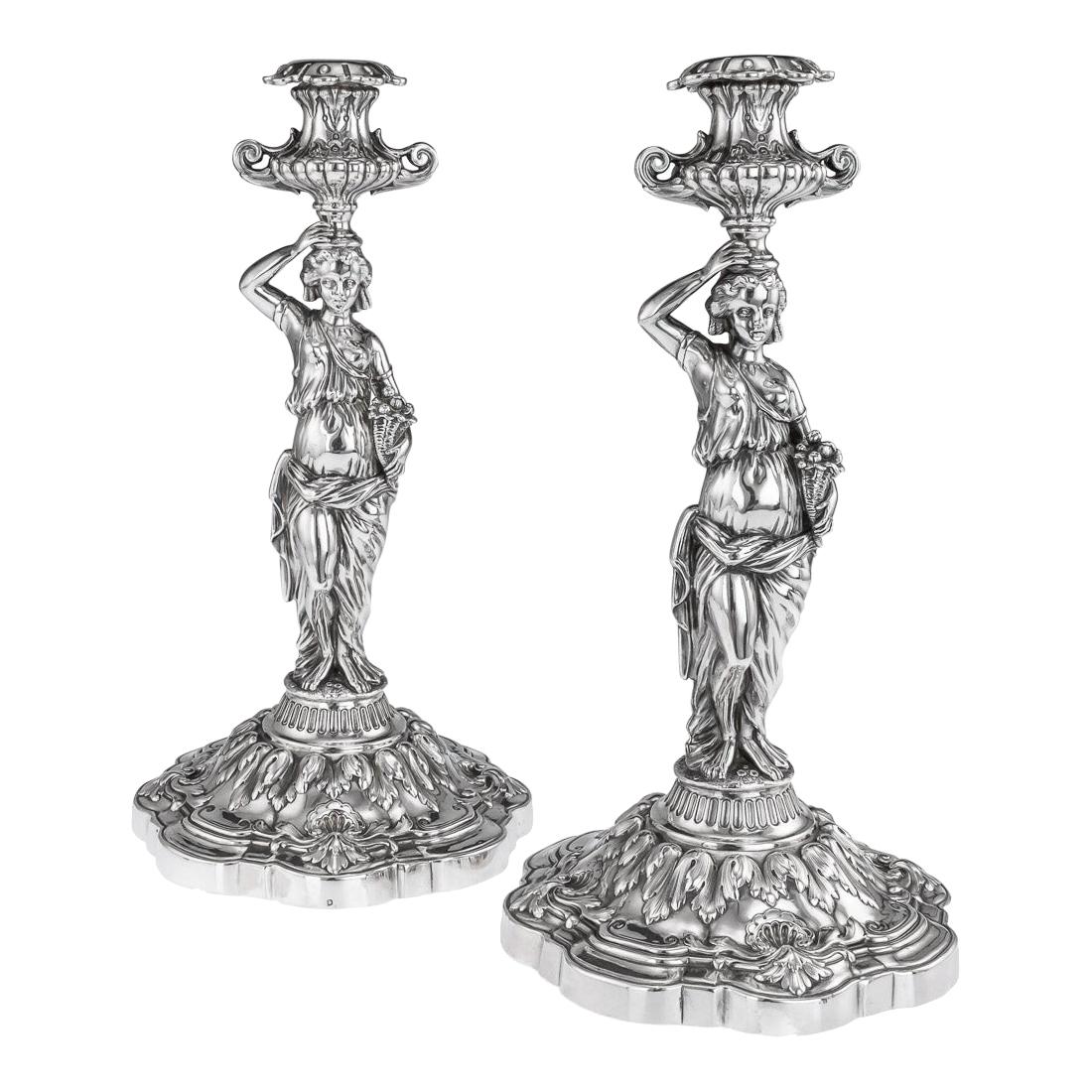 19th Century French Solid Silver Pair of Figural Candlesticks, Debain c.1880