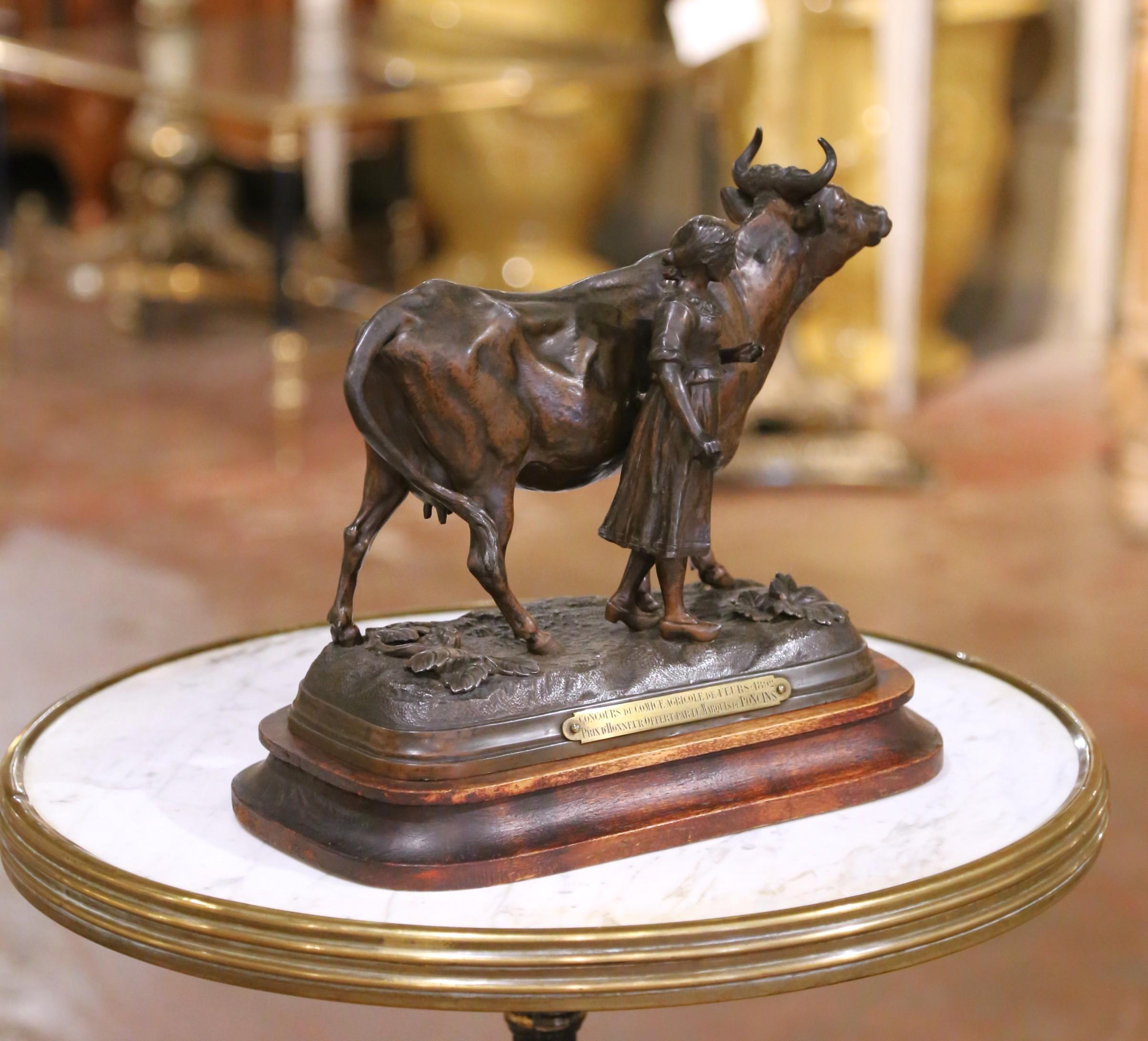 This striking 19th-century French animalier sculpture depicts a powerful standing bull, cast in spelter and mounted on a molded wooden base. Signed Charles Valton (1851–1918), the piece exemplifies the sculptor’s keen eye for anatomical accuracy and