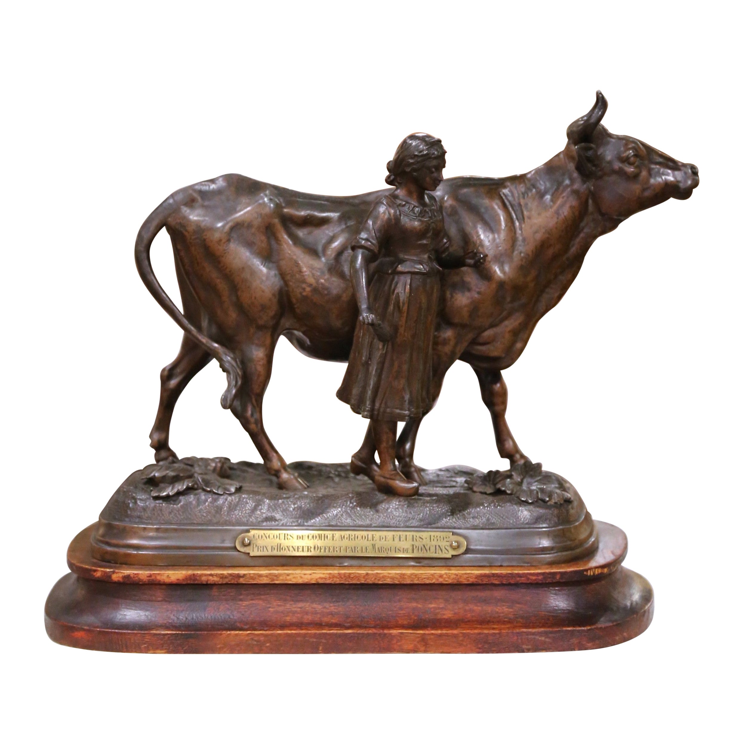 19th Century French Spelter Bull Composition on Wood Base Signed Charles Valton For Sale