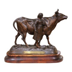 Composizione di toro in spelta francese del XIX secolo su base in Wood Firmato Charles Valton