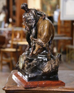 19th Century French Spelter Clock and Cow Composition Signed E. Picault