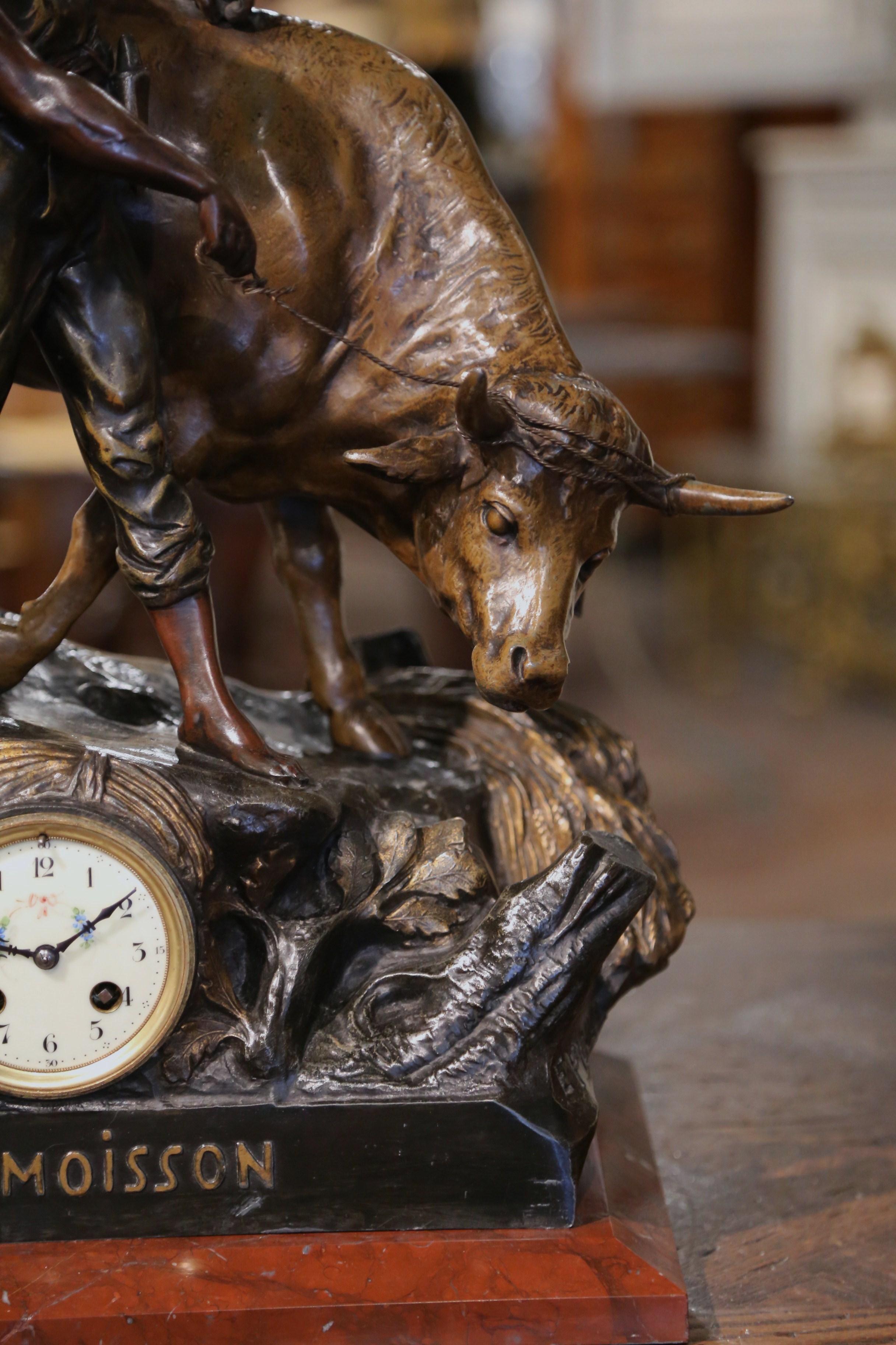 Patinated 19th Century French Spelter Clock and Cow Composition Signed E. Picault For Sale