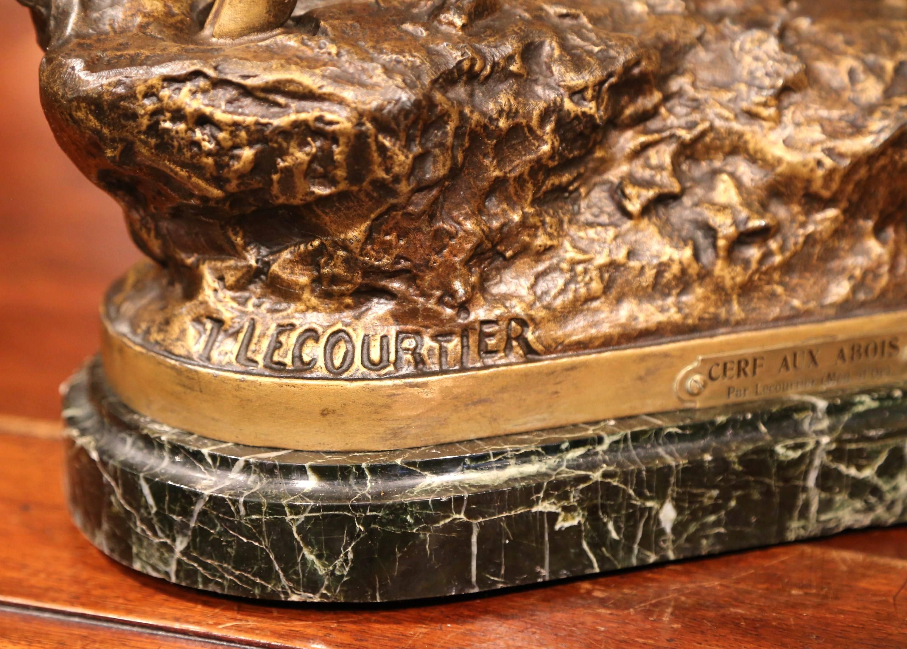 Black Forest 19th Century French Spelter Deer Sculpture on Marble Base Signed P. Lecourtier