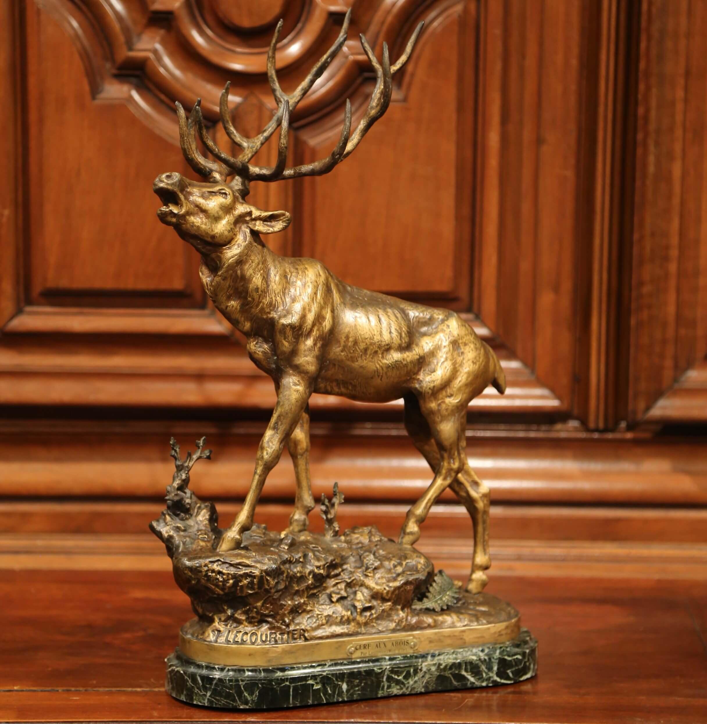 19th Century French Spelter Deer Sculpture on Marble Base Signed P. Lecourtier In Excellent Condition In Dallas, TX