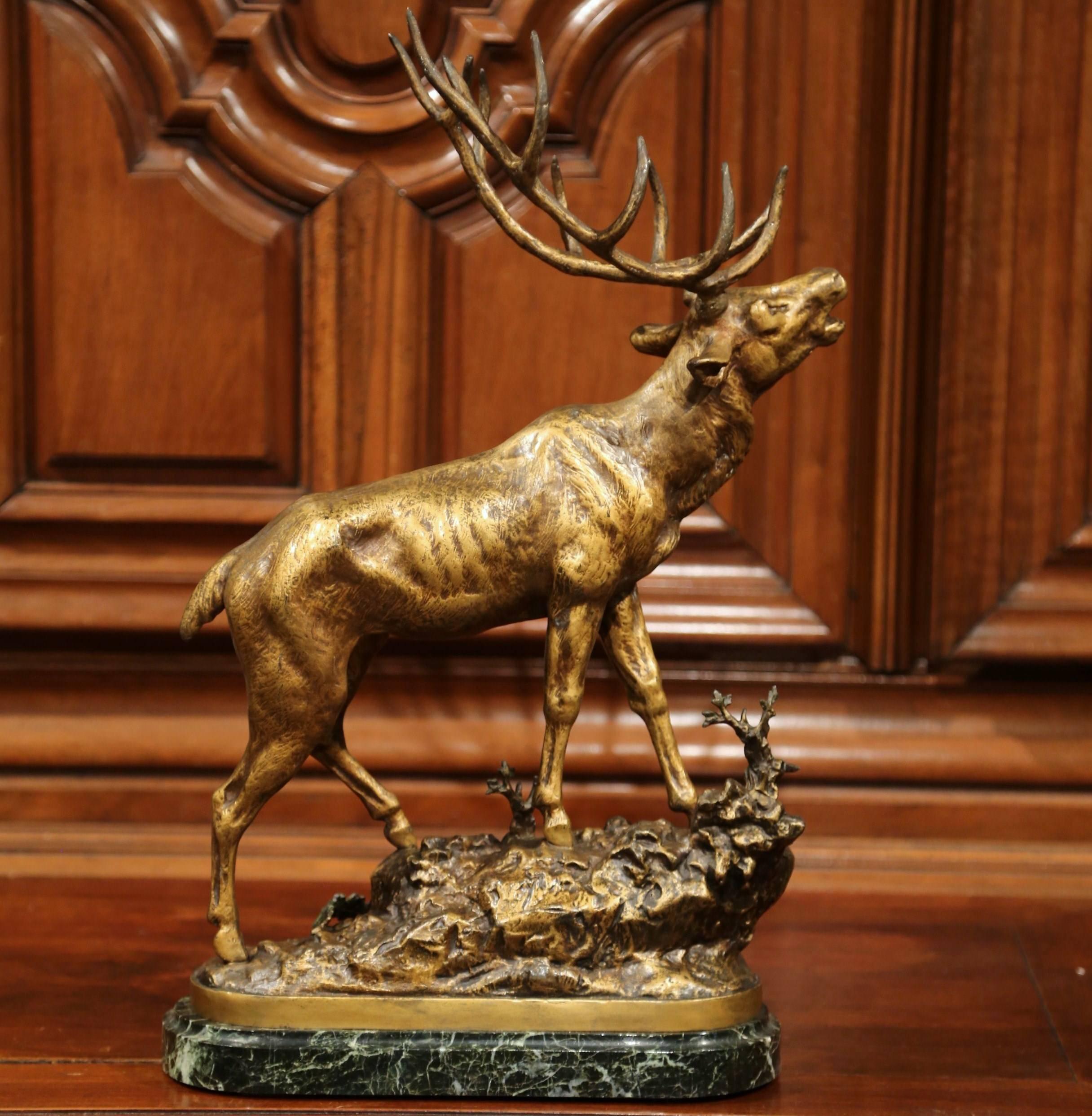 19th Century French Spelter Deer Sculpture on Marble Base Signed P. Lecourtier 1