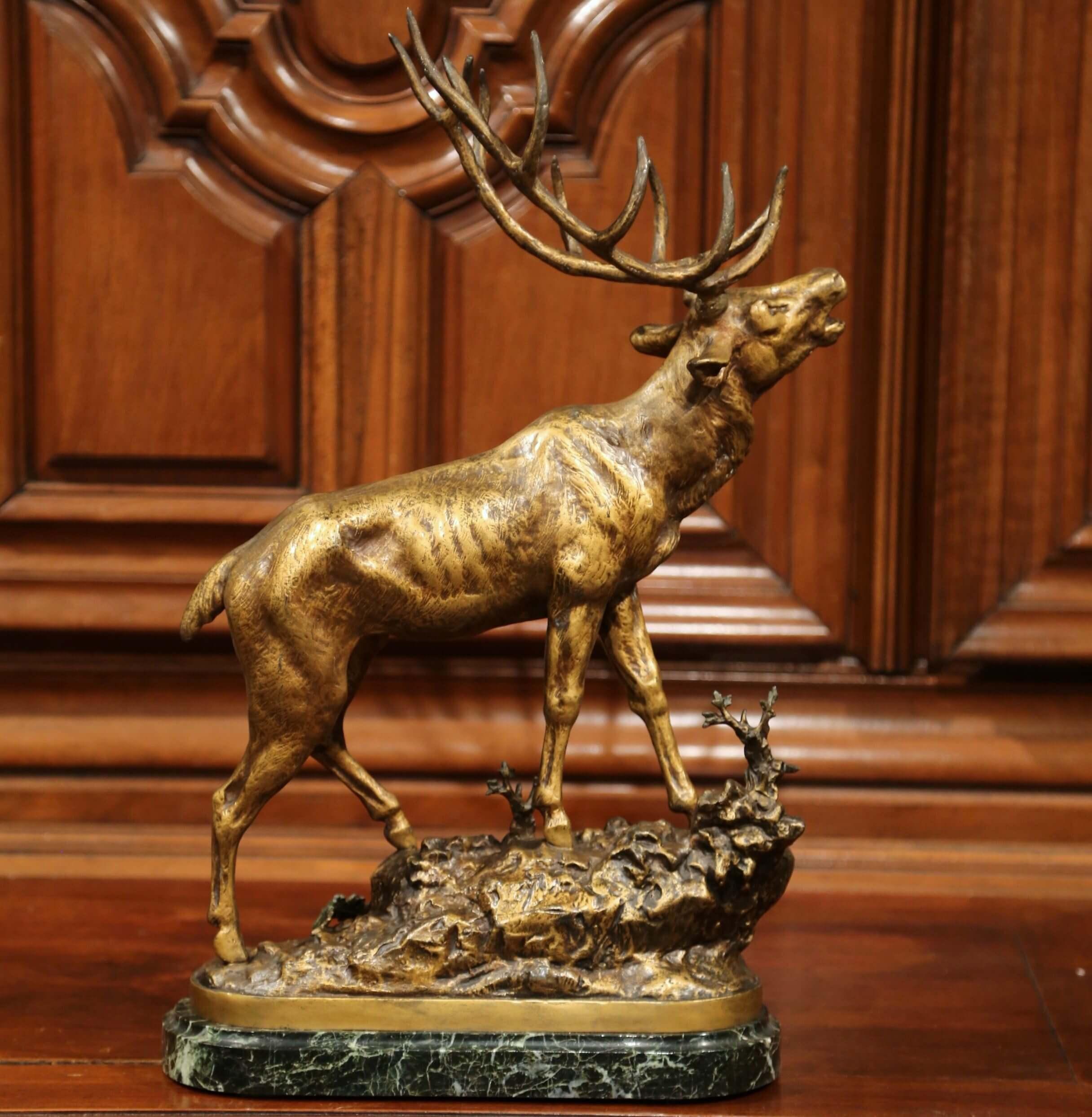 19th Century French Spelter Deer Sculpture on Marble Base Signed P. Lecourtier 2