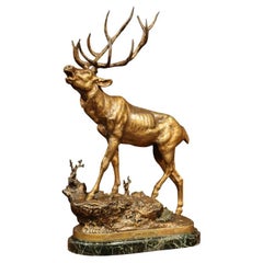 19th Century French Spelter Deer Sculpture on Marble Base Signed P. Lecourtier