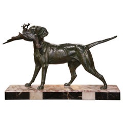 19th Century French Spelter Hunt Dog and Bird Sculpture on Marble Base