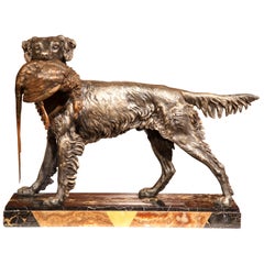 19th Century French Spelter Hunt Dog with Bird Sculpture on Marble Base