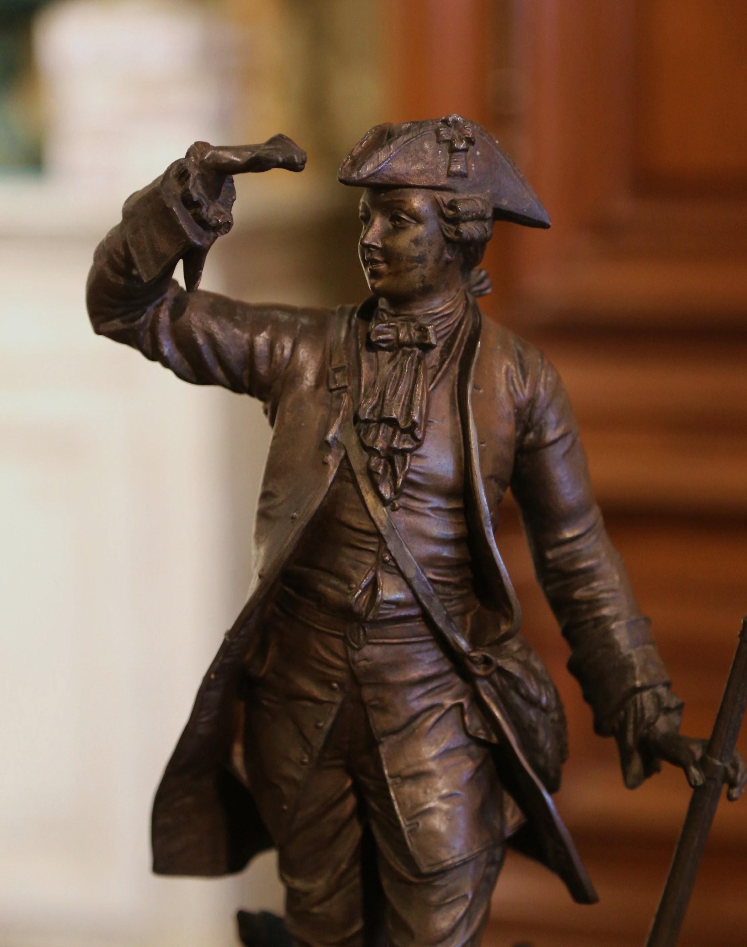 Hand-Crafted 19th Century, French Spelter Hunter Figure on Marble Base For Sale