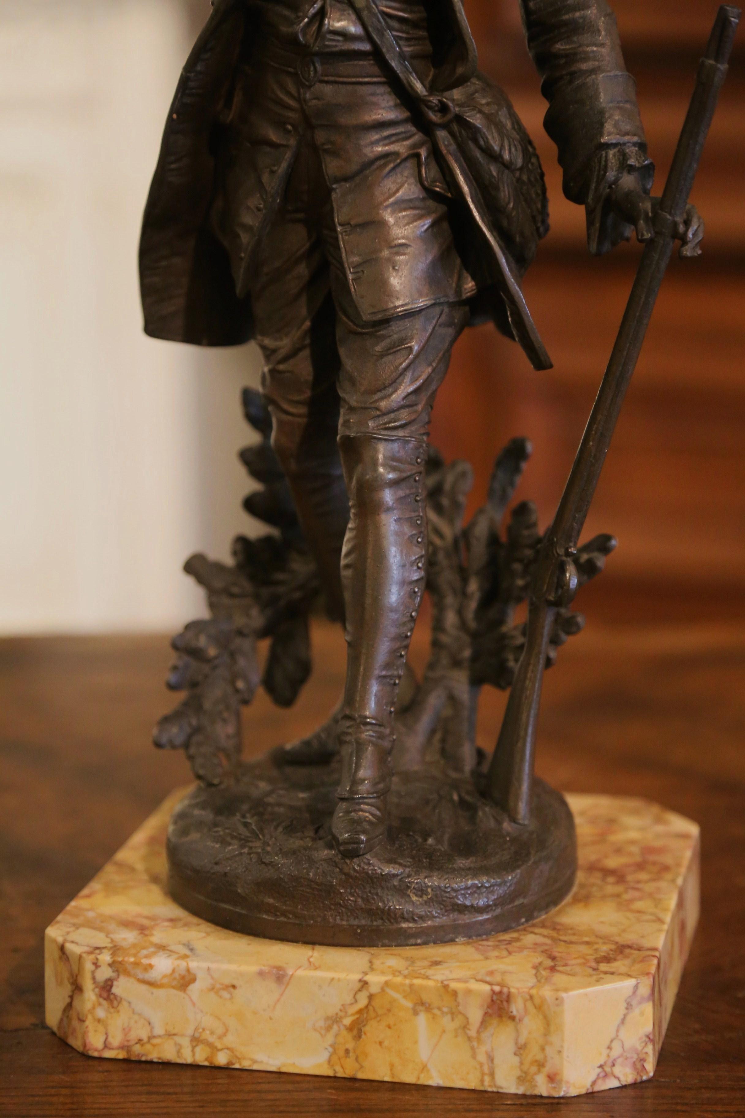 19th Century, French Spelter Hunter Figure on Marble Base In Excellent Condition For Sale In Dallas, TX