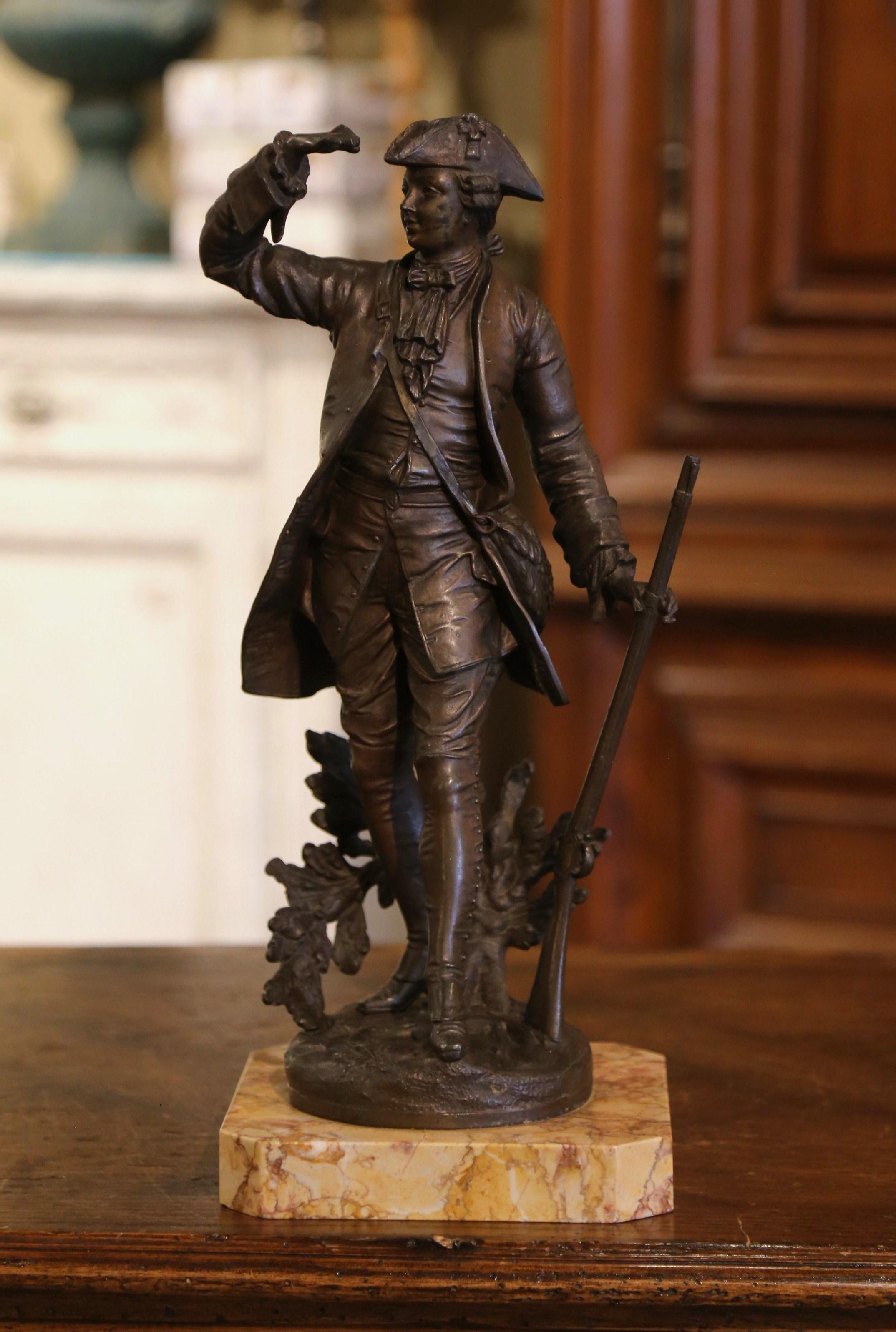 19th Century, French Spelter Hunter Figure on Marble Base For Sale 1