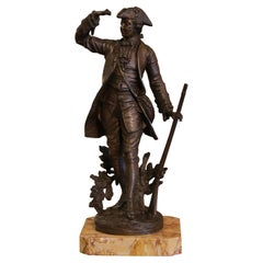 Französische Spelter-Jägerfigur auf Marmorsockel aus dem 19. Jahrhundert