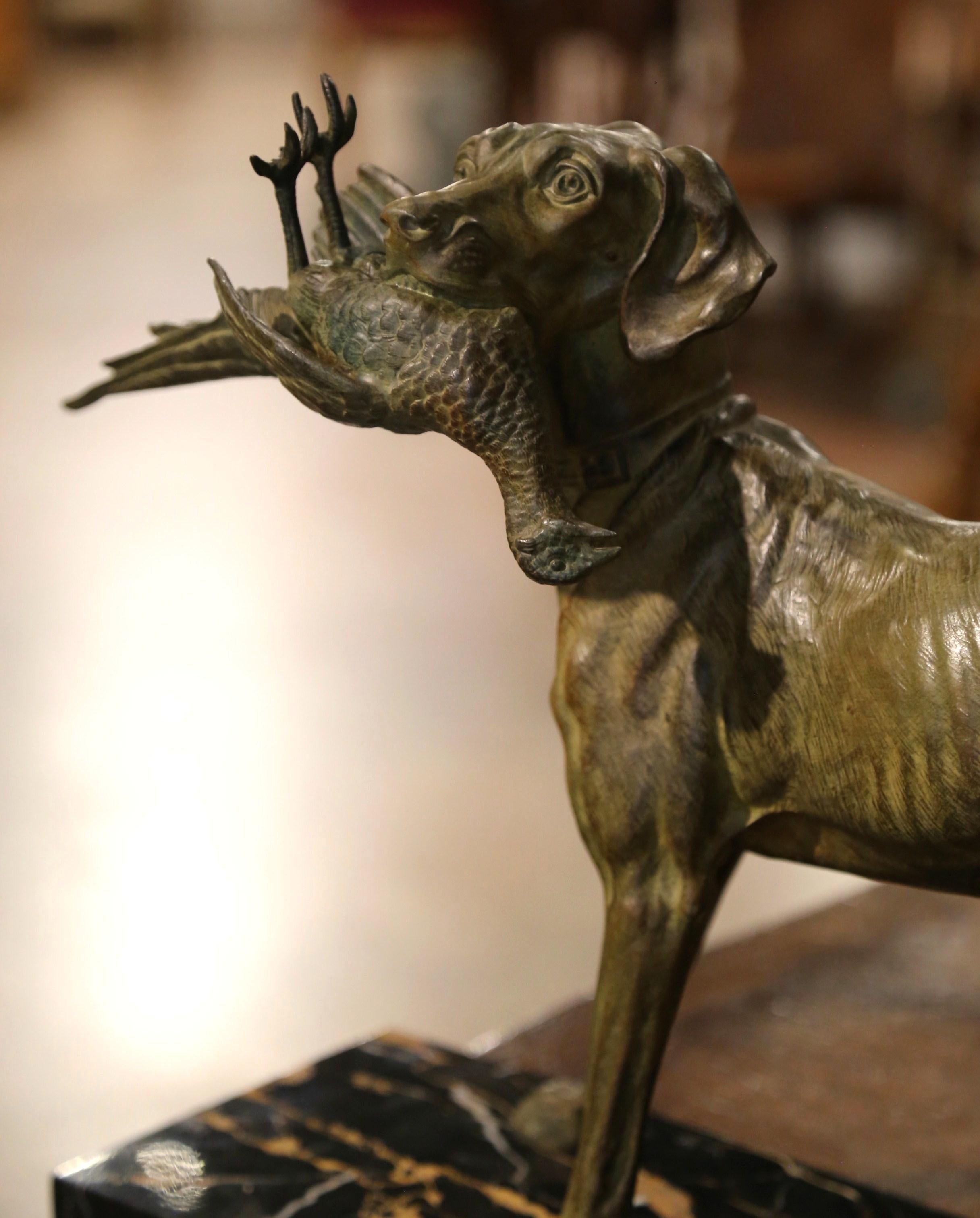 19th Century French Spelter Hunting Dog and Bird on Marble Base Signed C. Masson In Excellent Condition In Dallas, TX
