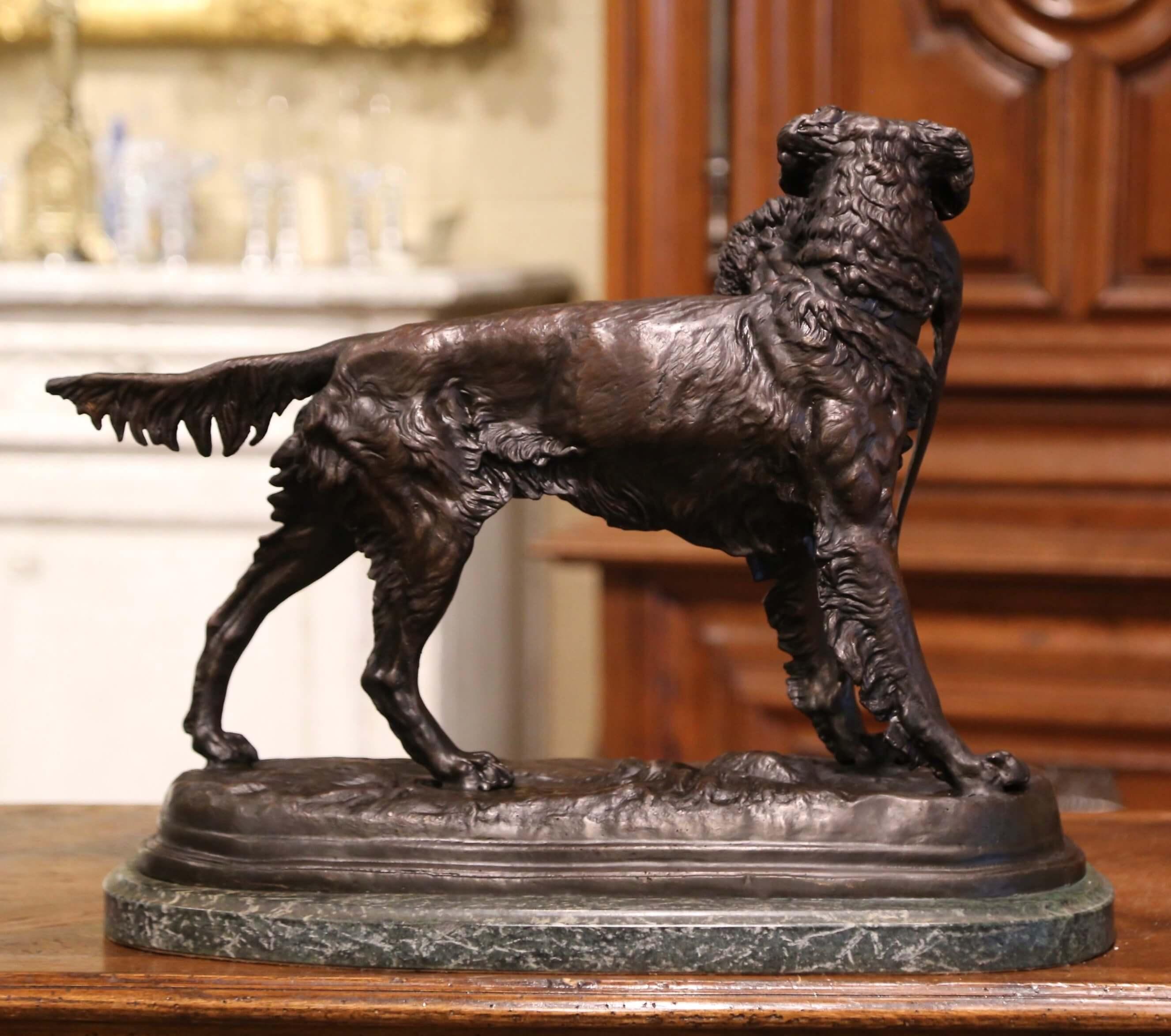 19th Century French Spelter Hunting Dog and Bird on Marble Base Signed Moigniez 6