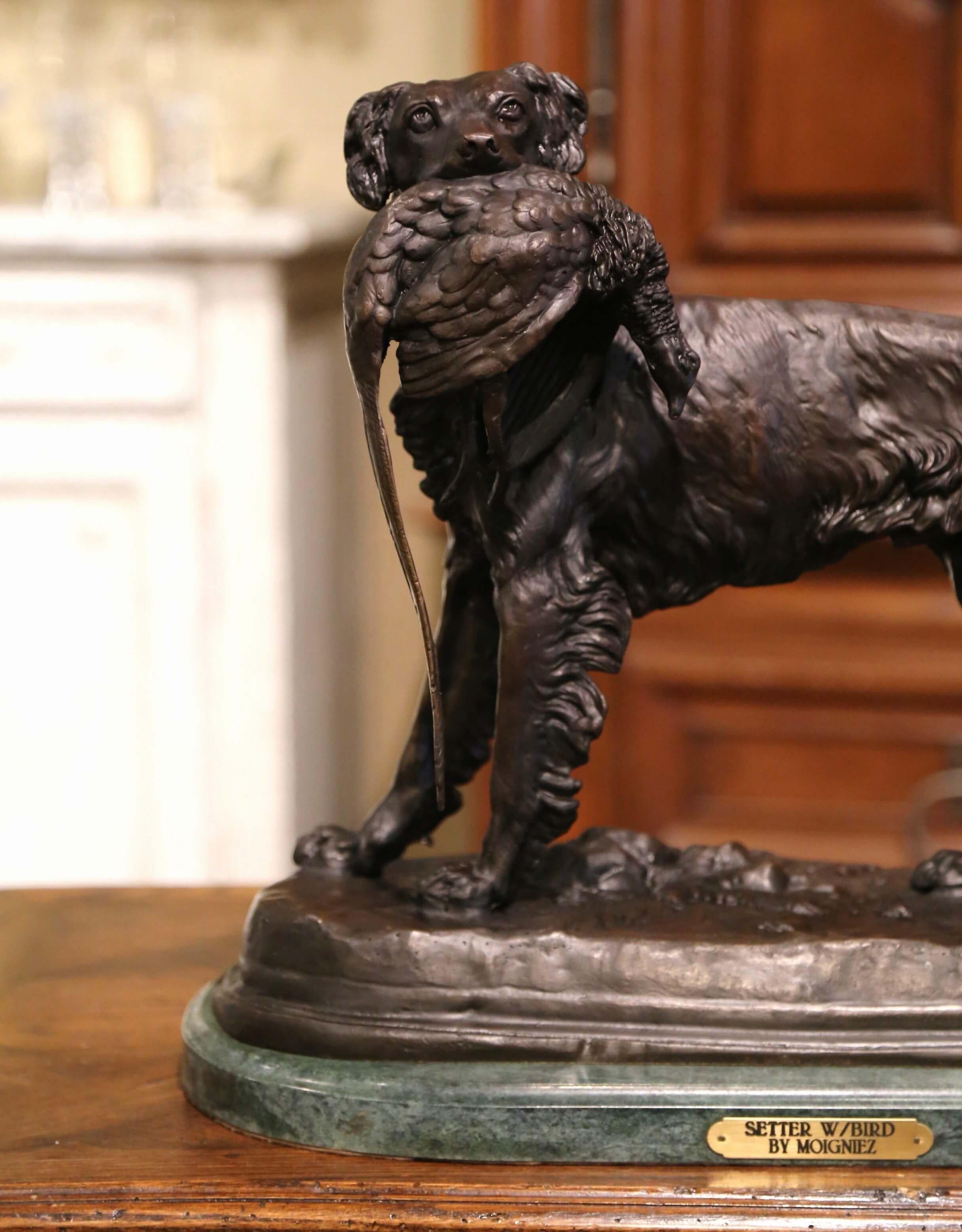 Hand-Crafted 19th Century French Spelter Hunting Dog and Bird on Marble Base Signed Moigniez