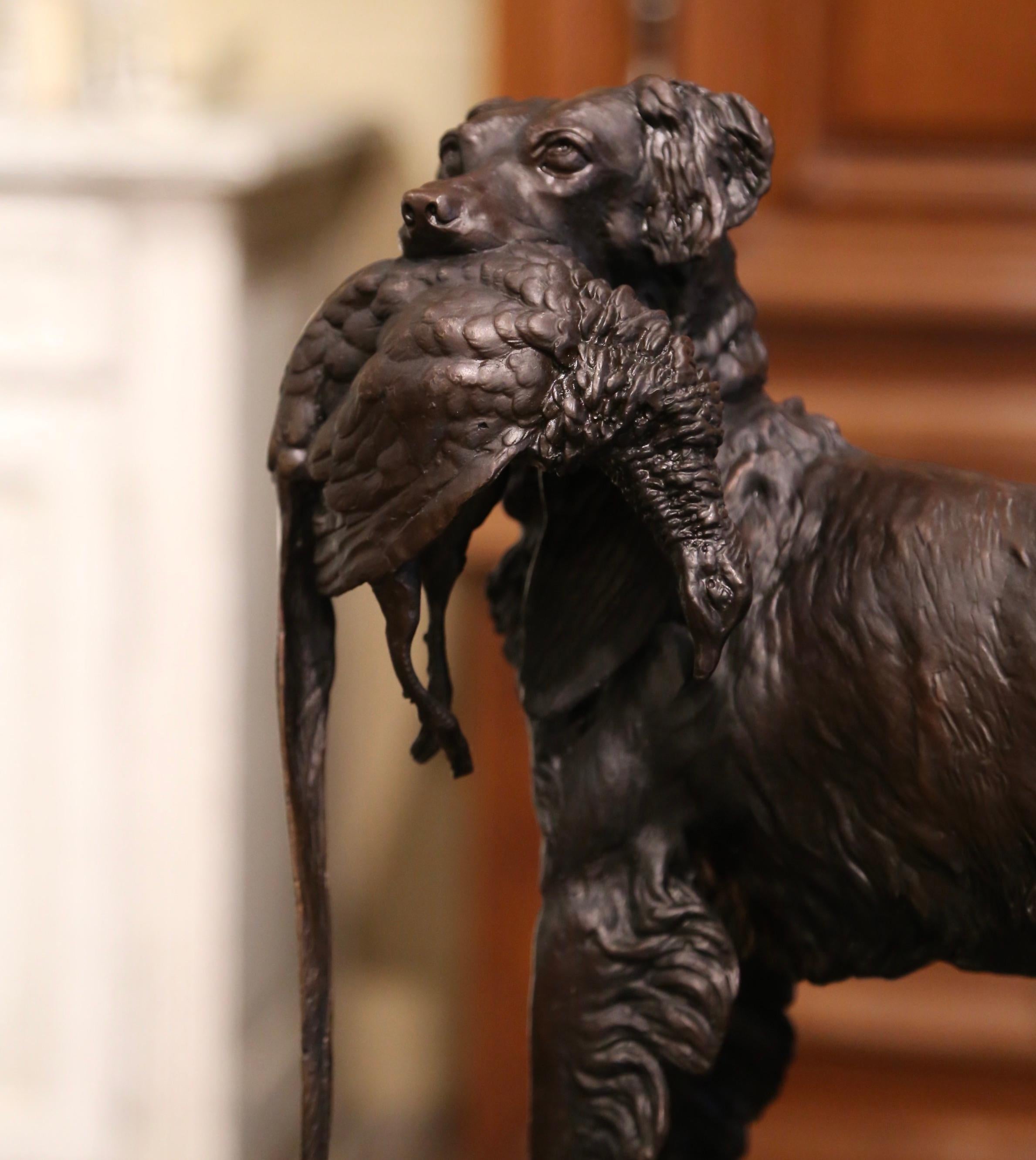 19th Century French Spelter Hunting Dog and Bird on Marble Base Signed Moigniez In Excellent Condition In Dallas, TX