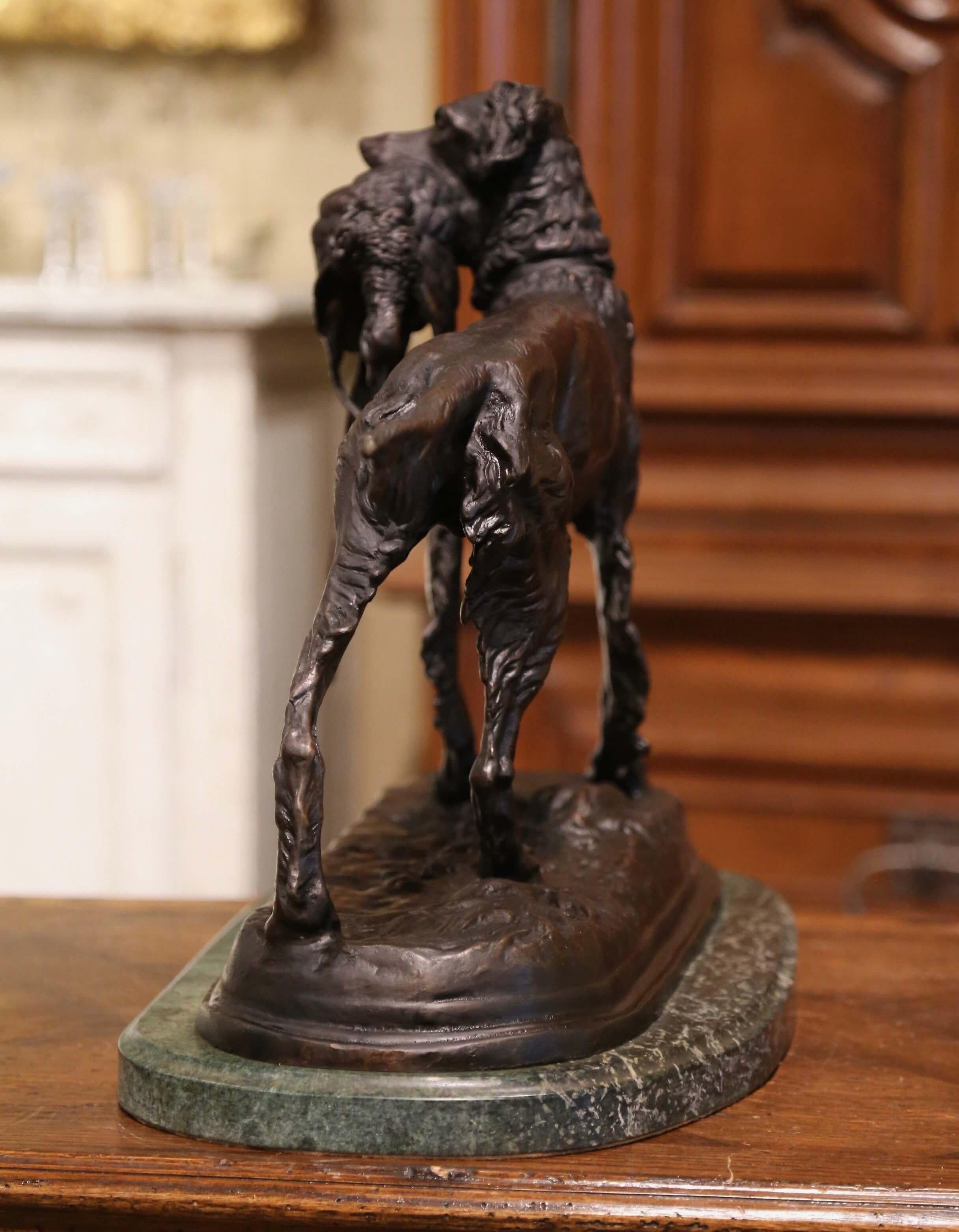 19th Century French Spelter Hunting Dog and Bird on Marble Base Signed Moigniez 3