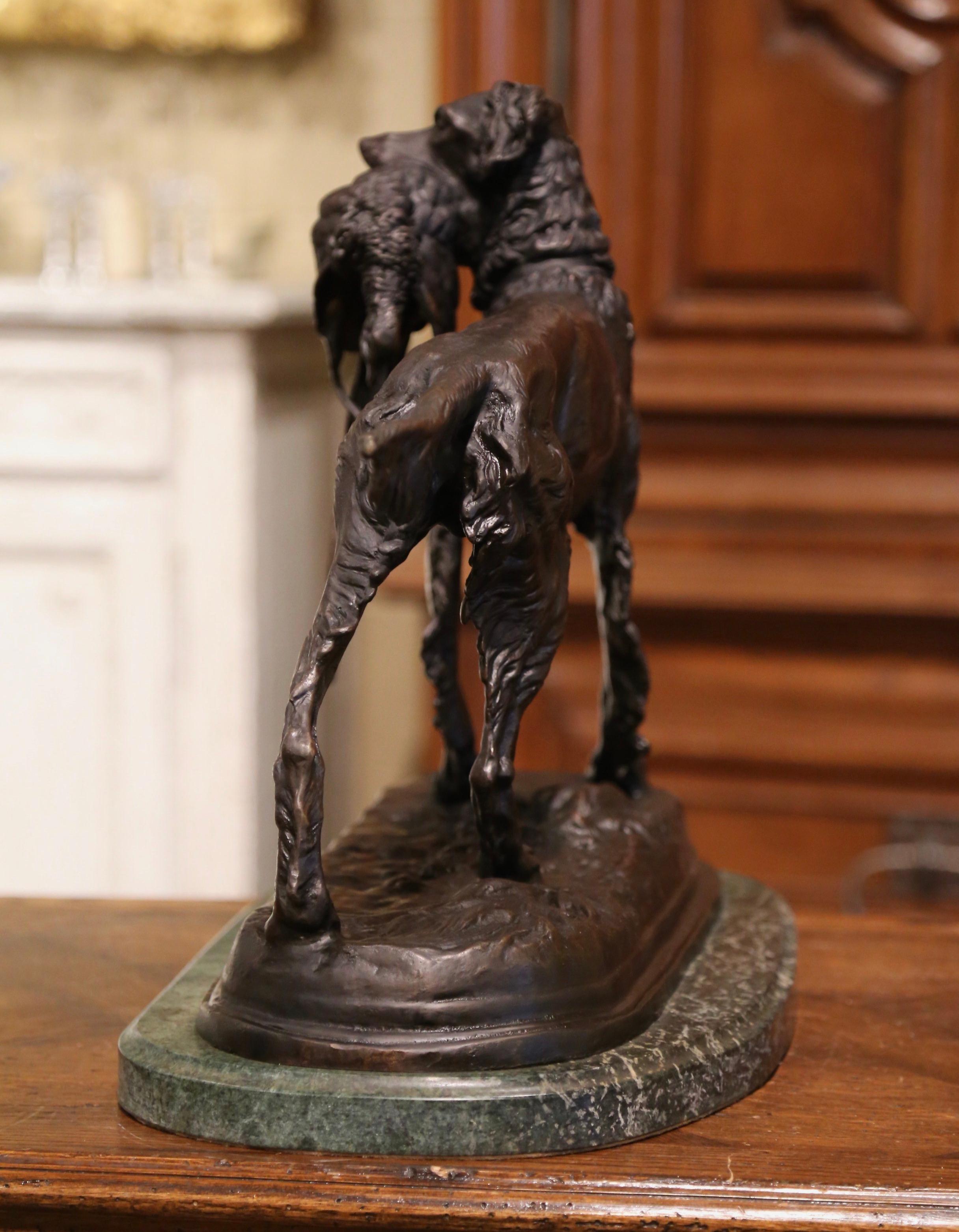 19th Century French Spelter Hunting Dog and Bird on Marble Base Signed Moigniez 1