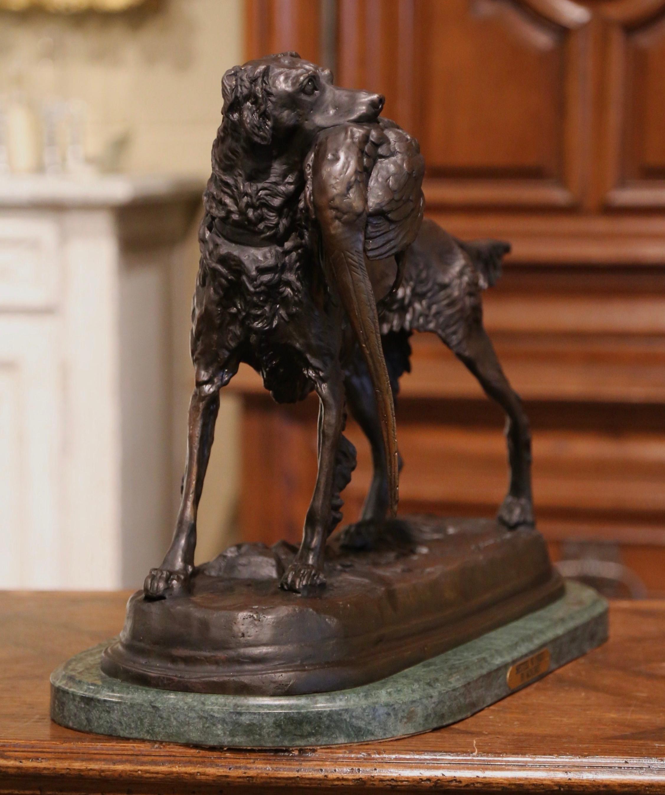 19th Century French Spelter Hunting Dog and Bird on Marble Base Signed Moigniez 2