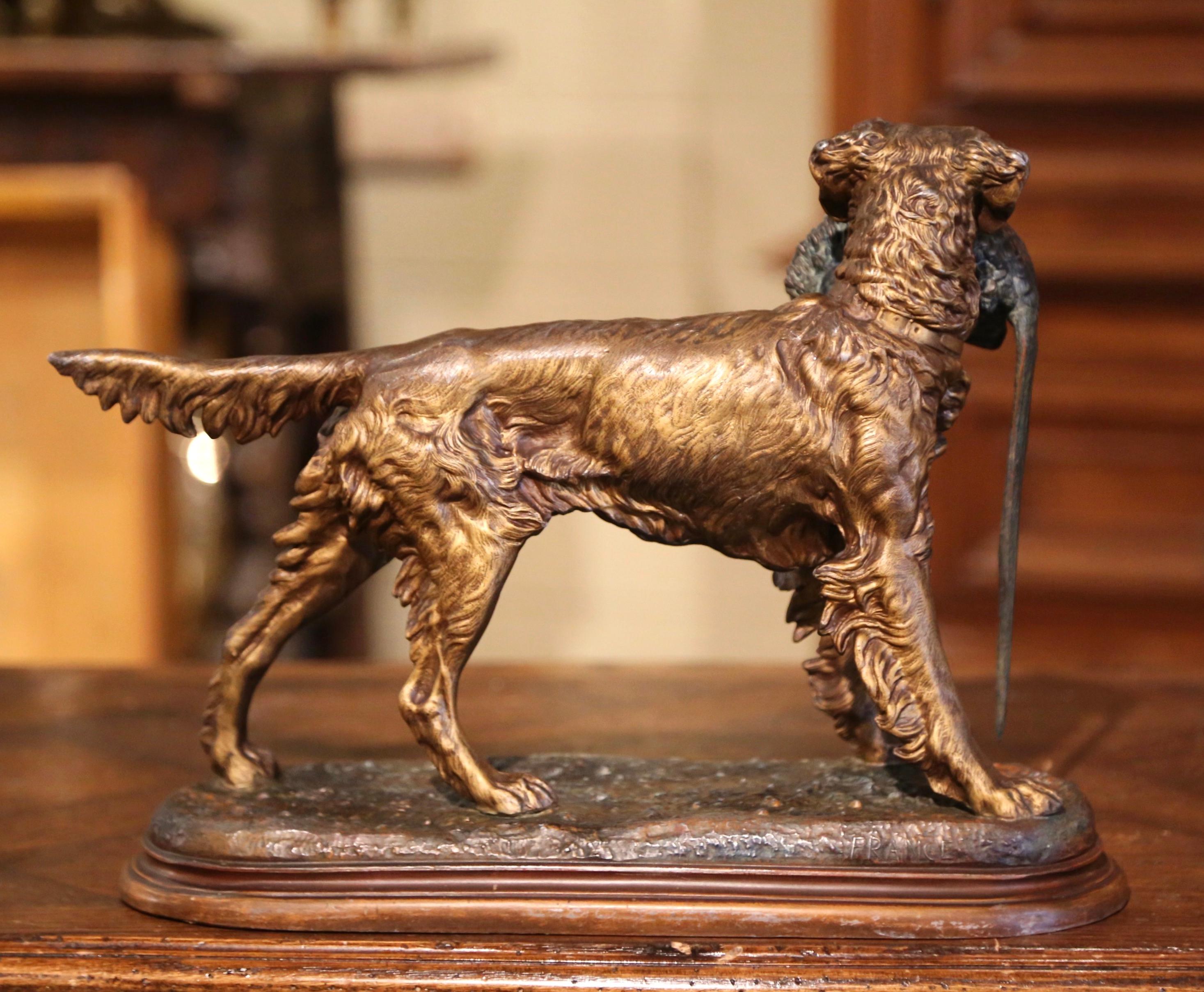 19th Century French Spelter Hunting Dog and Bird Signed J. Moigniez For Sale 1