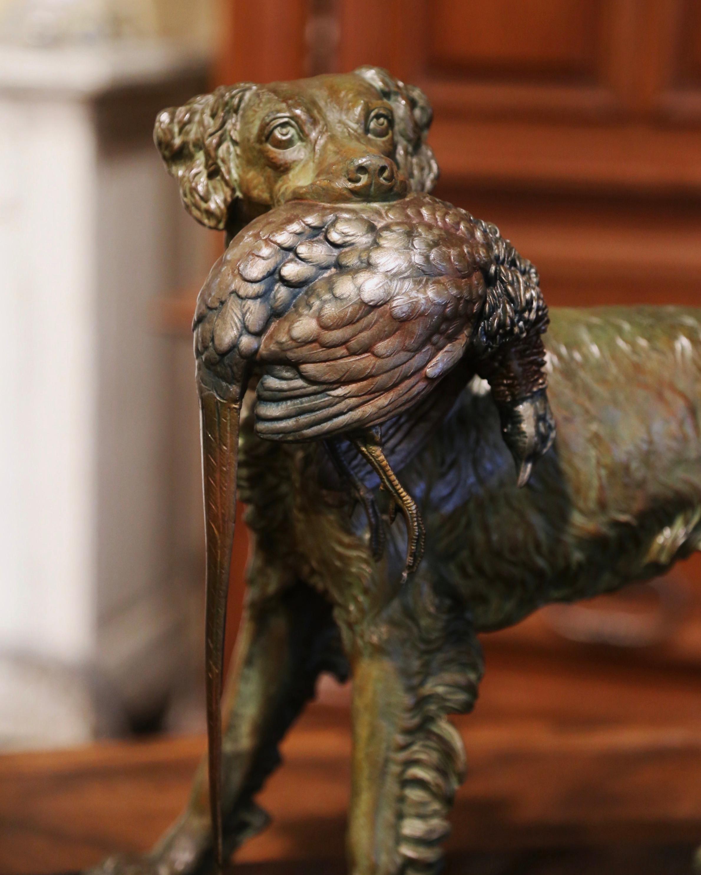 Hand-Crafted 19th Century French Spelter Hunting Dog and Bird Signed Moigniez on Marble Base