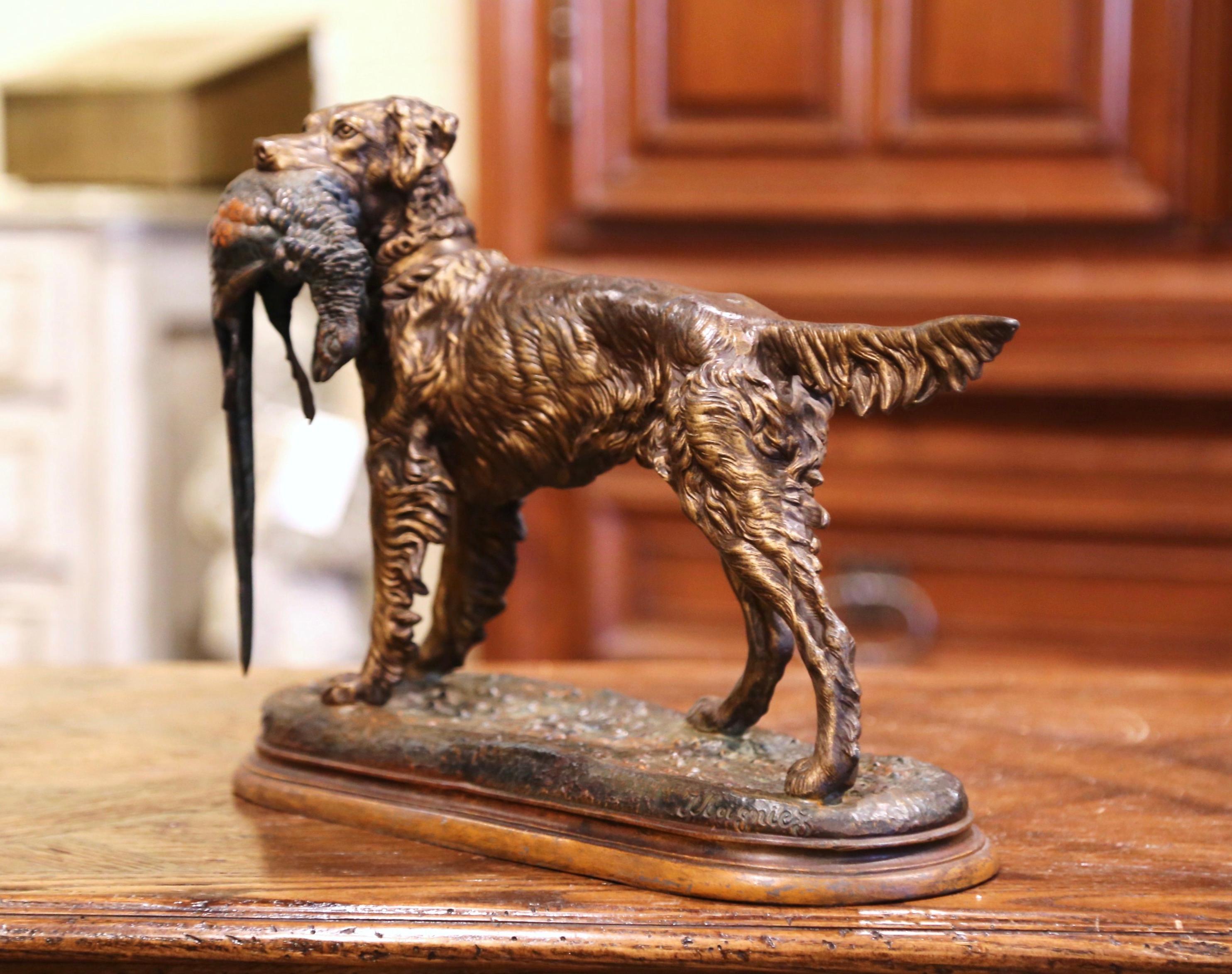 Hand-Crafted 19th Century French Spelter Hunting Dog with Bird Sculpture after J. Moigniez