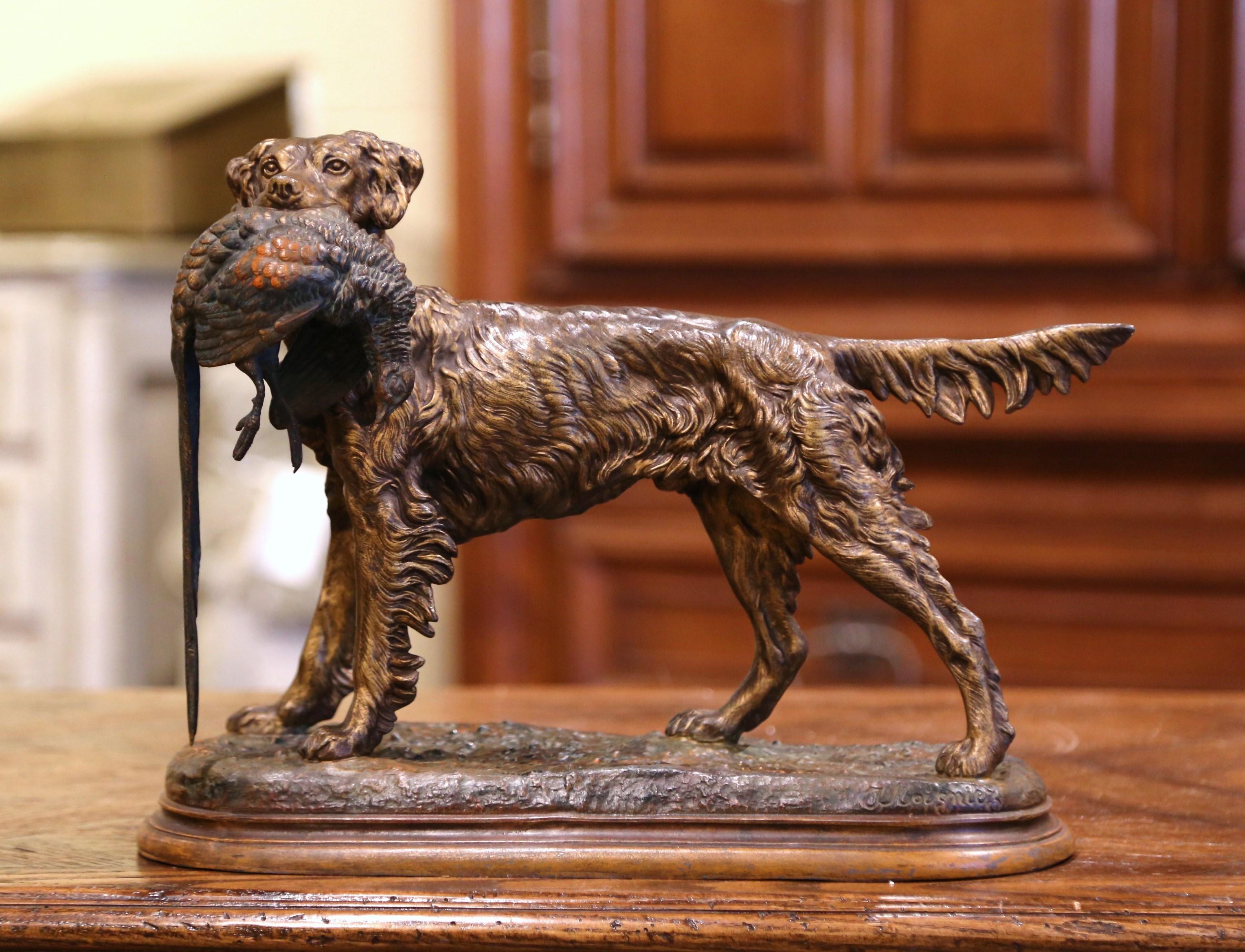 19th Century French Spelter Hunting Dog with Bird Sculpture after J. Moigniez In Excellent Condition In Dallas, TX