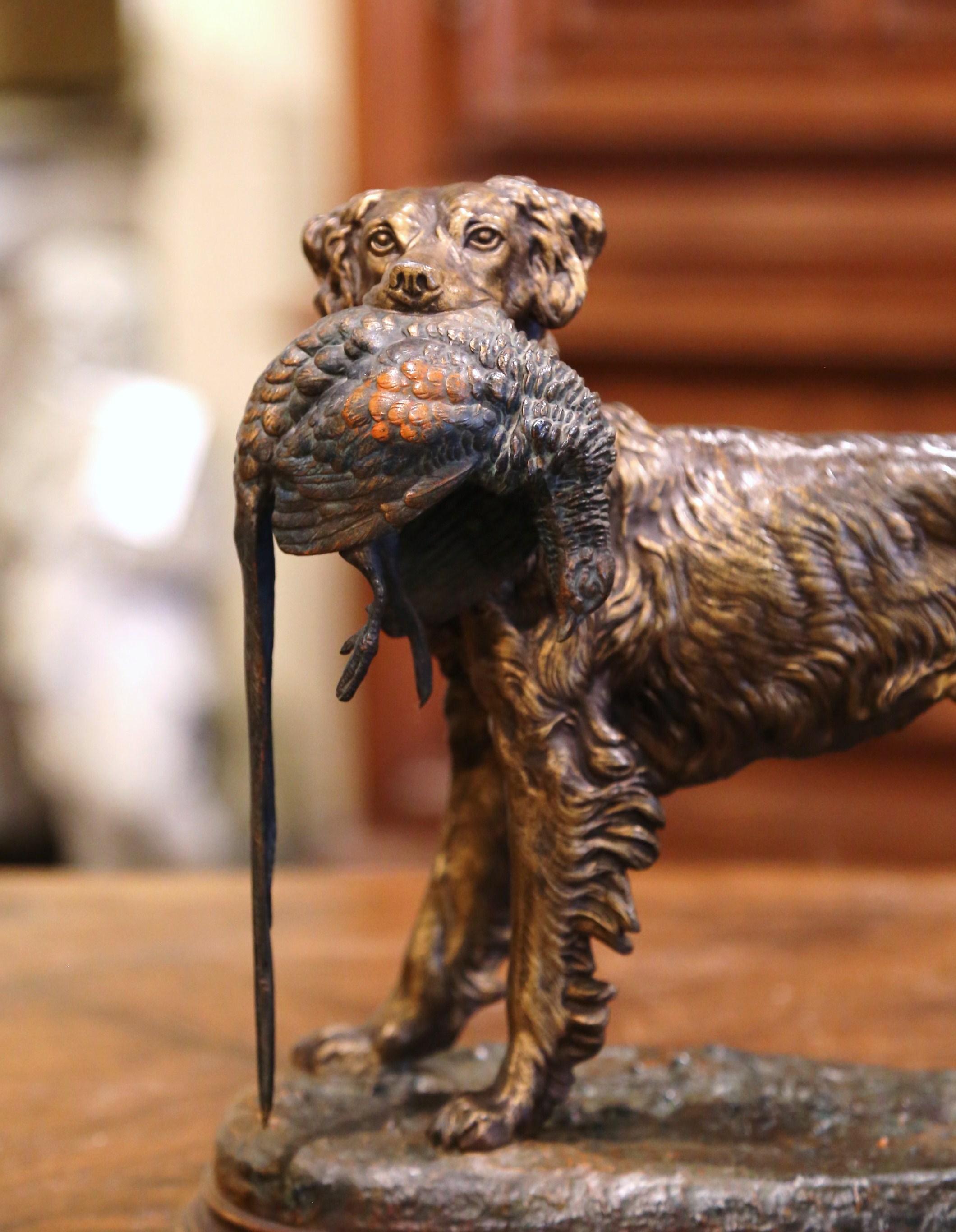 19th Century French Spelter Hunting Dog with Bird Sculpture after J. Moigniez 1