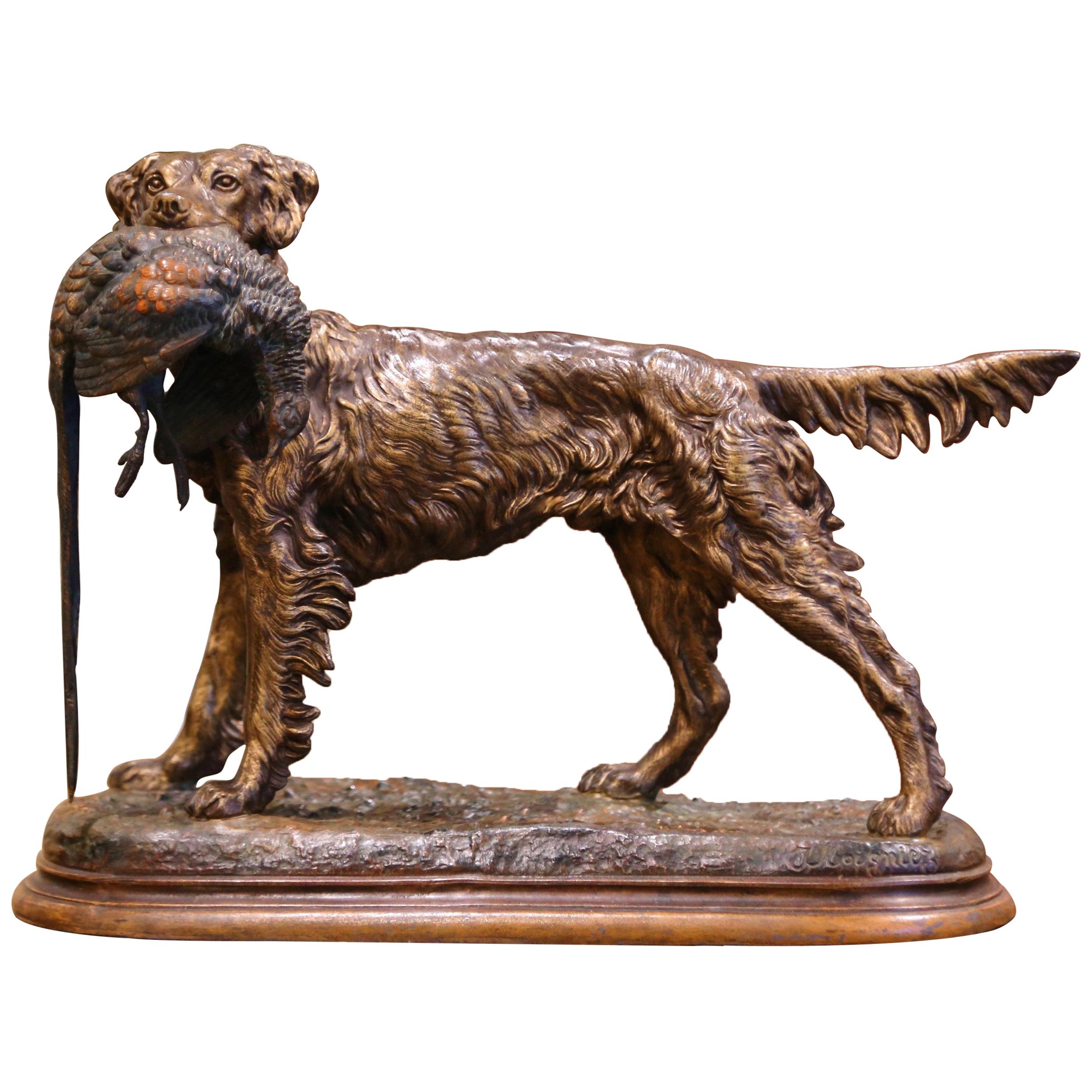 19th Century French Spelter Hunting Dog with Bird Sculpture after J. Moigniez