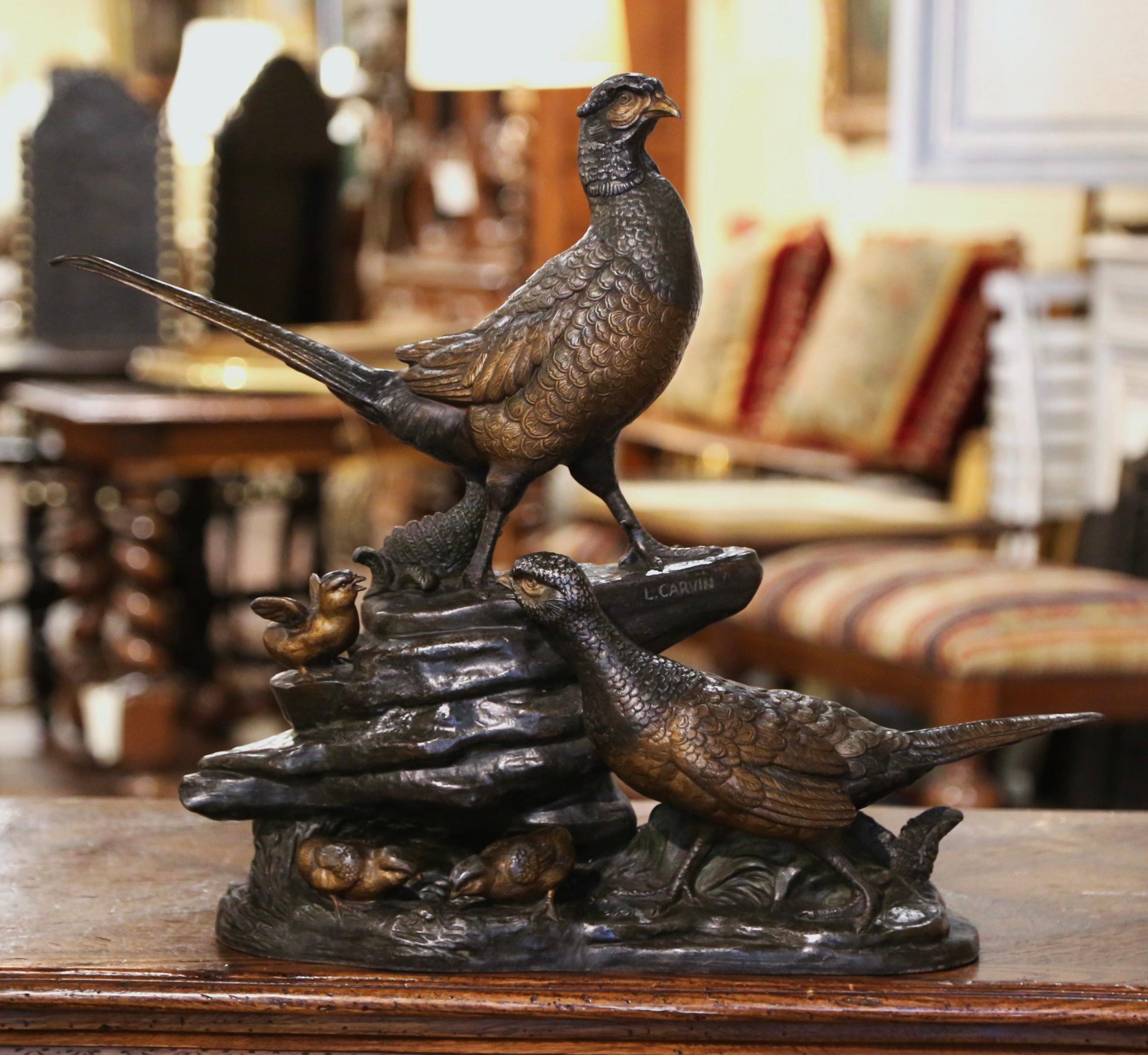 19th Century French Spelter Pheasant Sculpture Signed L. a. Carvin In Excellent Condition In Dallas, TX
