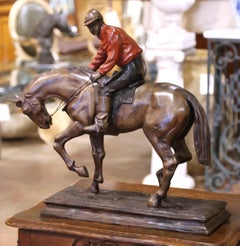 19th Century French Spelter Sculpture of Jockey on Horseback Signed P.J. Mène