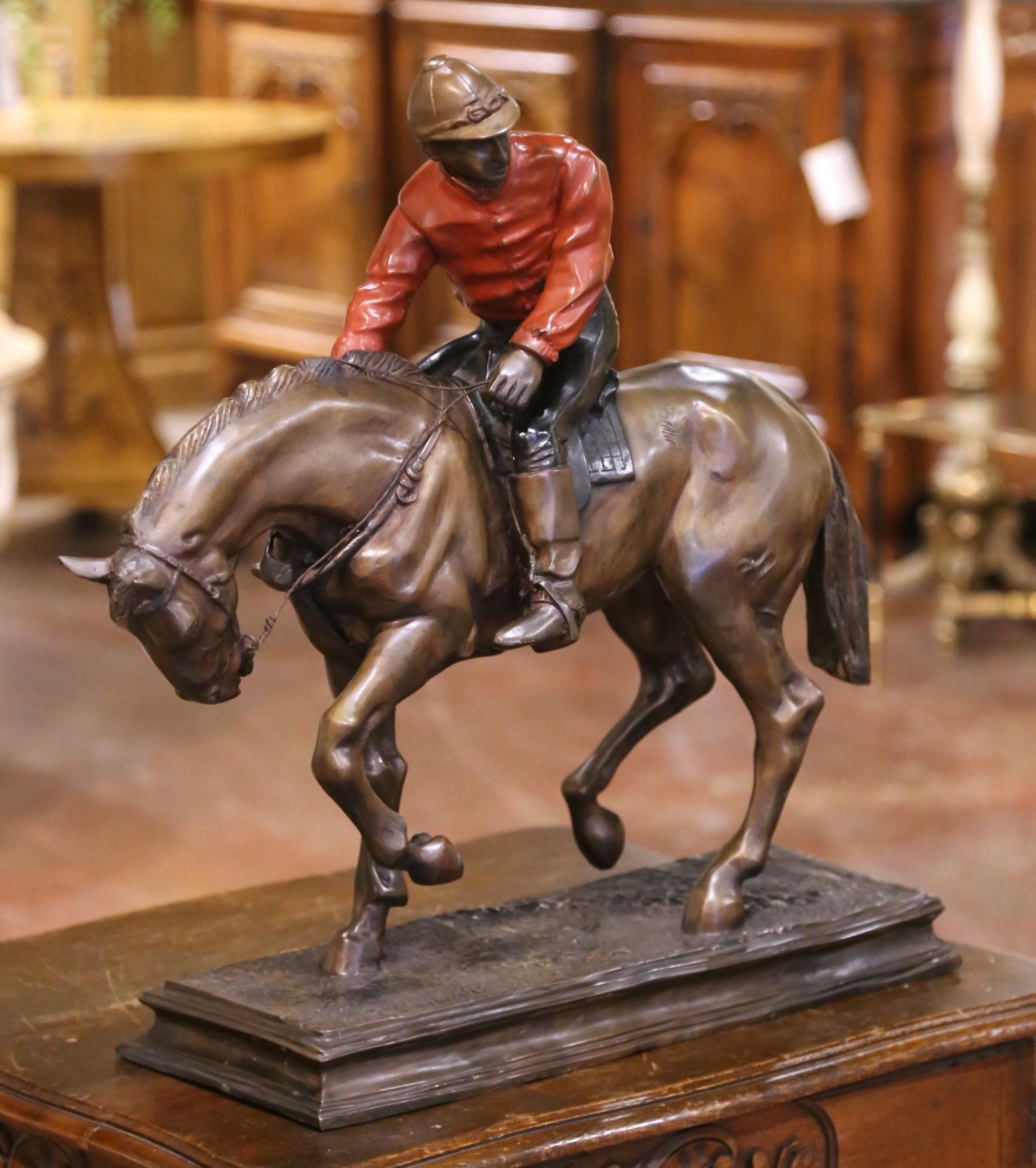 Luigi XV Scultura in speltro francese del XIX secolo raffigurante un fantino a cavallo, firmata P & A. Mène in vendita