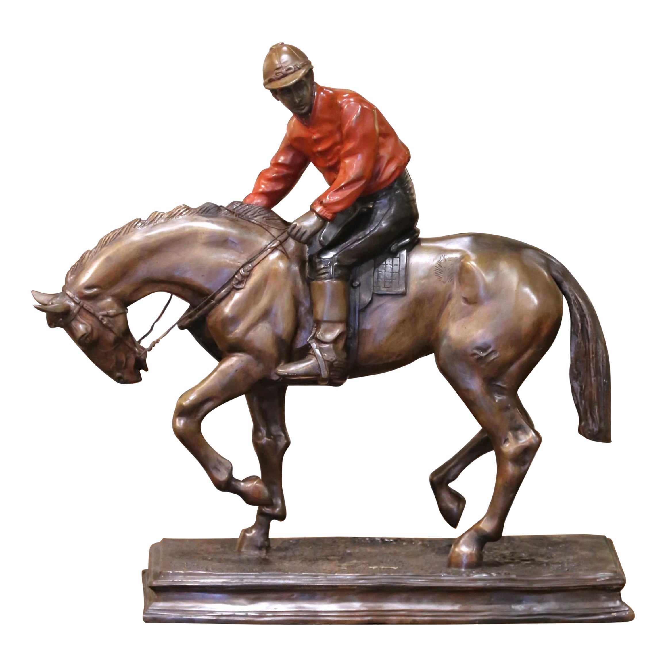 Scultura in speltro francese del XIX secolo raffigurante un fantino a cavallo, firmata P & A. Mène in vendita