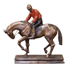 Scultura in speltro francese del XIX secolo raffigurante un fantino a cavallo, firmata P & A. Mène