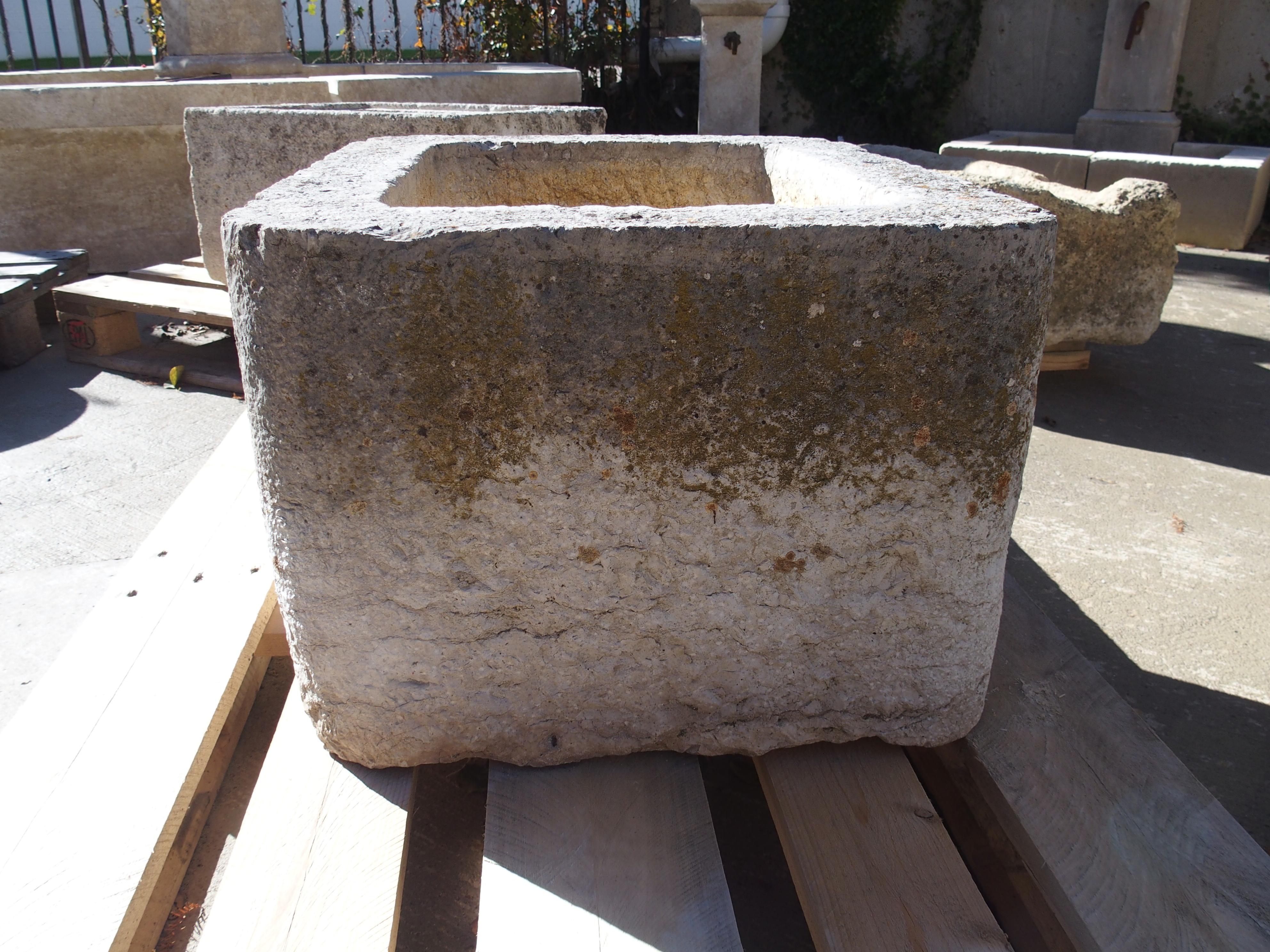 Stone 19th Century French Square Carved Limestone Trough or Sink For Sale