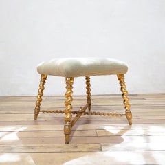 19th Century French Napoleon III Square Giltwood Barley Twist Footstool Ottoman