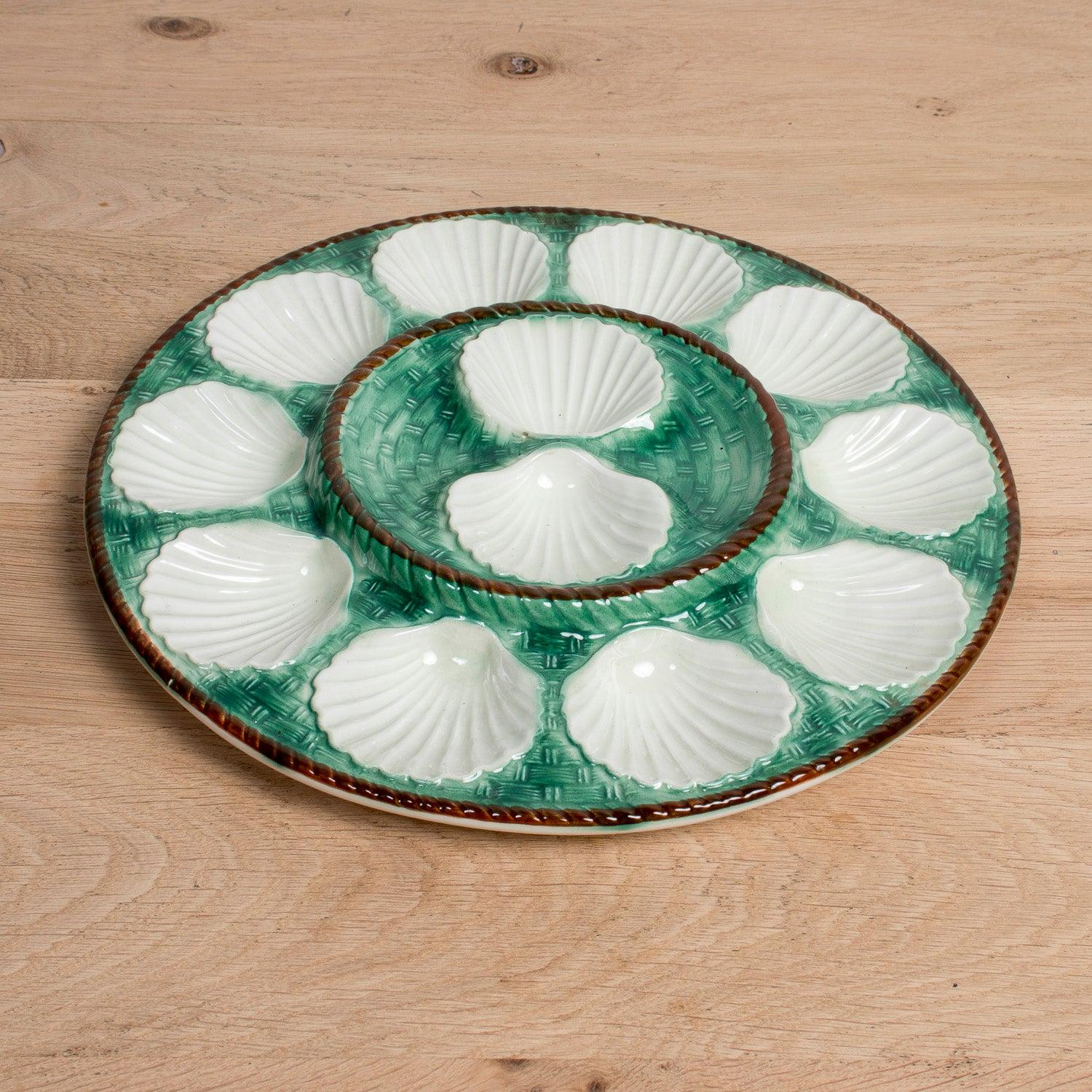 Majolica 19th Century French St. Clement Basketweave and Rope Oyster Platter For Sale
