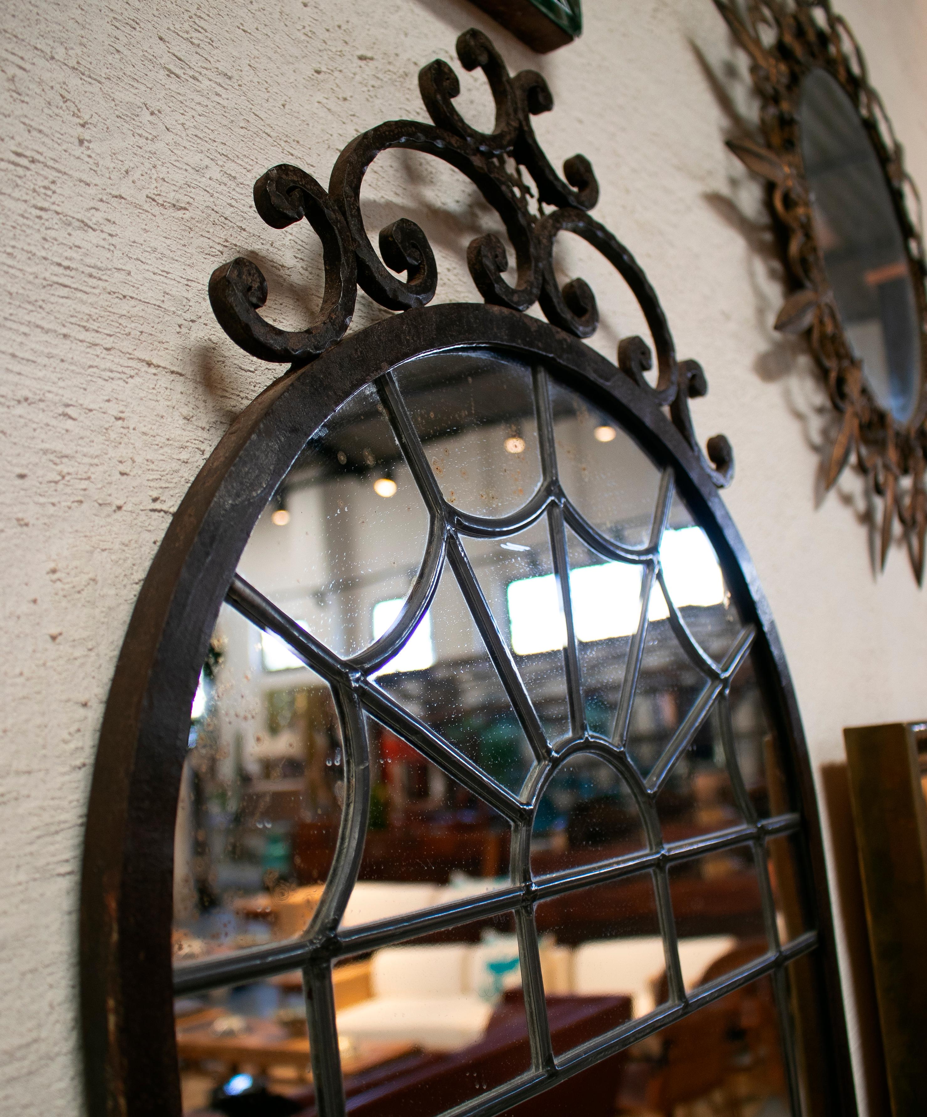 19th Century French Stained Glass Styled Iron Mirror For Sale 3
