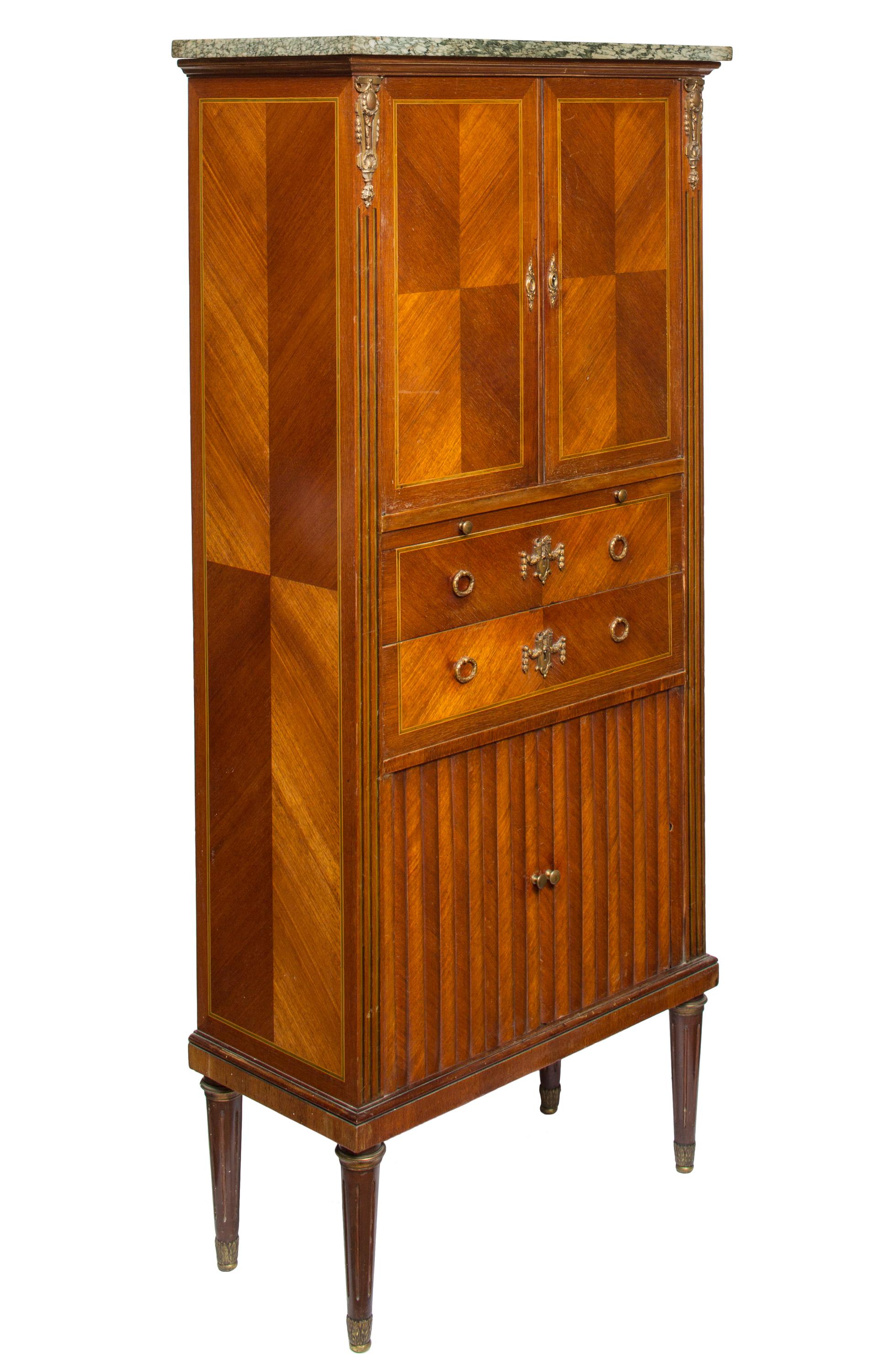 A 19th century, French secrétaire with beautiful feathered woodwork, eucalyptus fillet inlay with Louis XVI style detailing. The wood grain veneer is artfully arranged in geometric patterns on both front and sides, and the sliding tambour doors add