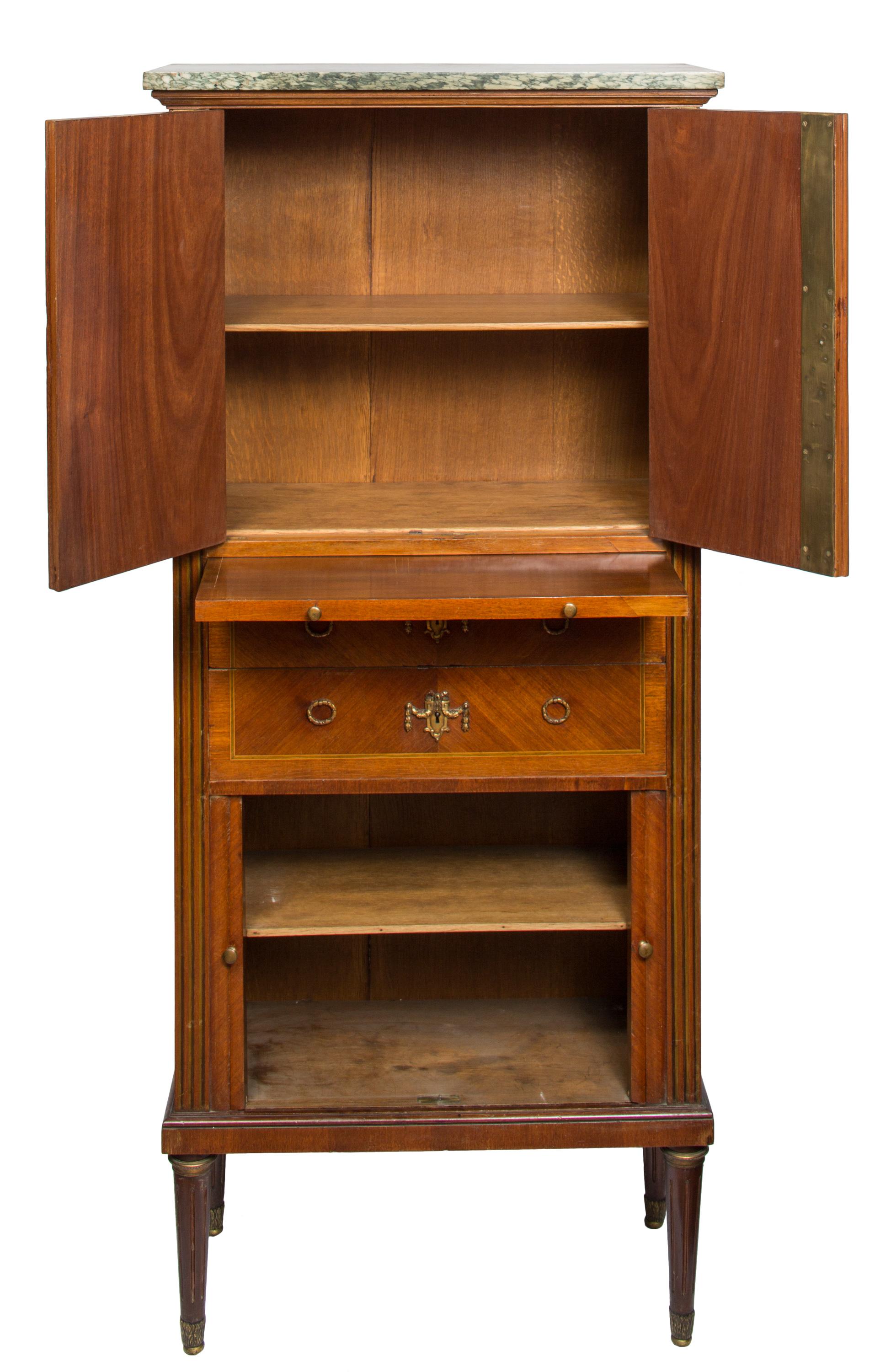 Louis XVI 19th Century French Standing Secrétaire / Dry Bar with Tambour Doors, Marble Top For Sale