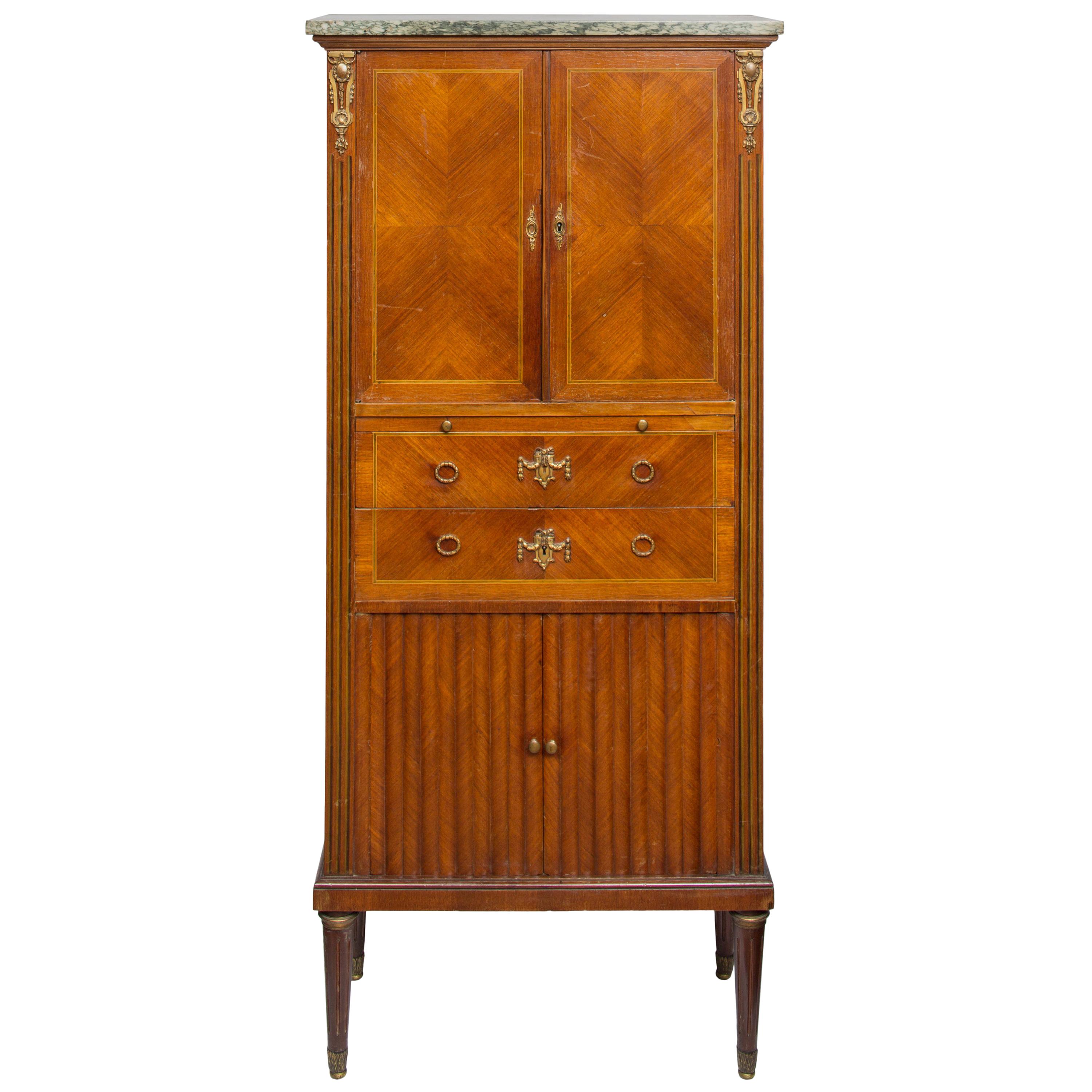 19th Century French Standing Secrétaire / Dry Bar with Tambour Doors, Marble Top