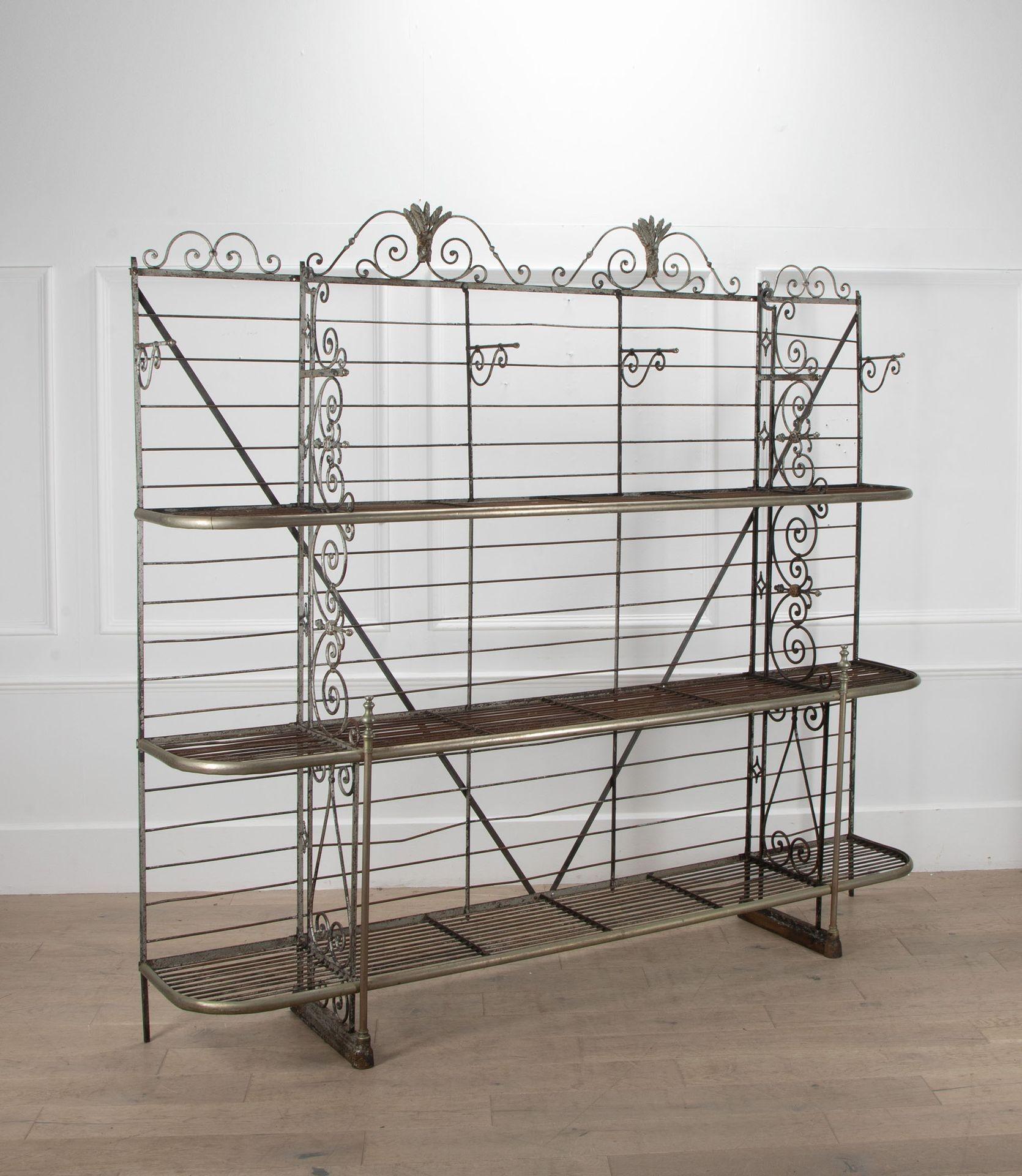 Beautiful late 19th Century French bakers shelves made from steel and brass. 
These were used to display bread in the baker's shop. They would now make very impressive and decorative shelving units in the home.
Circa 1880.